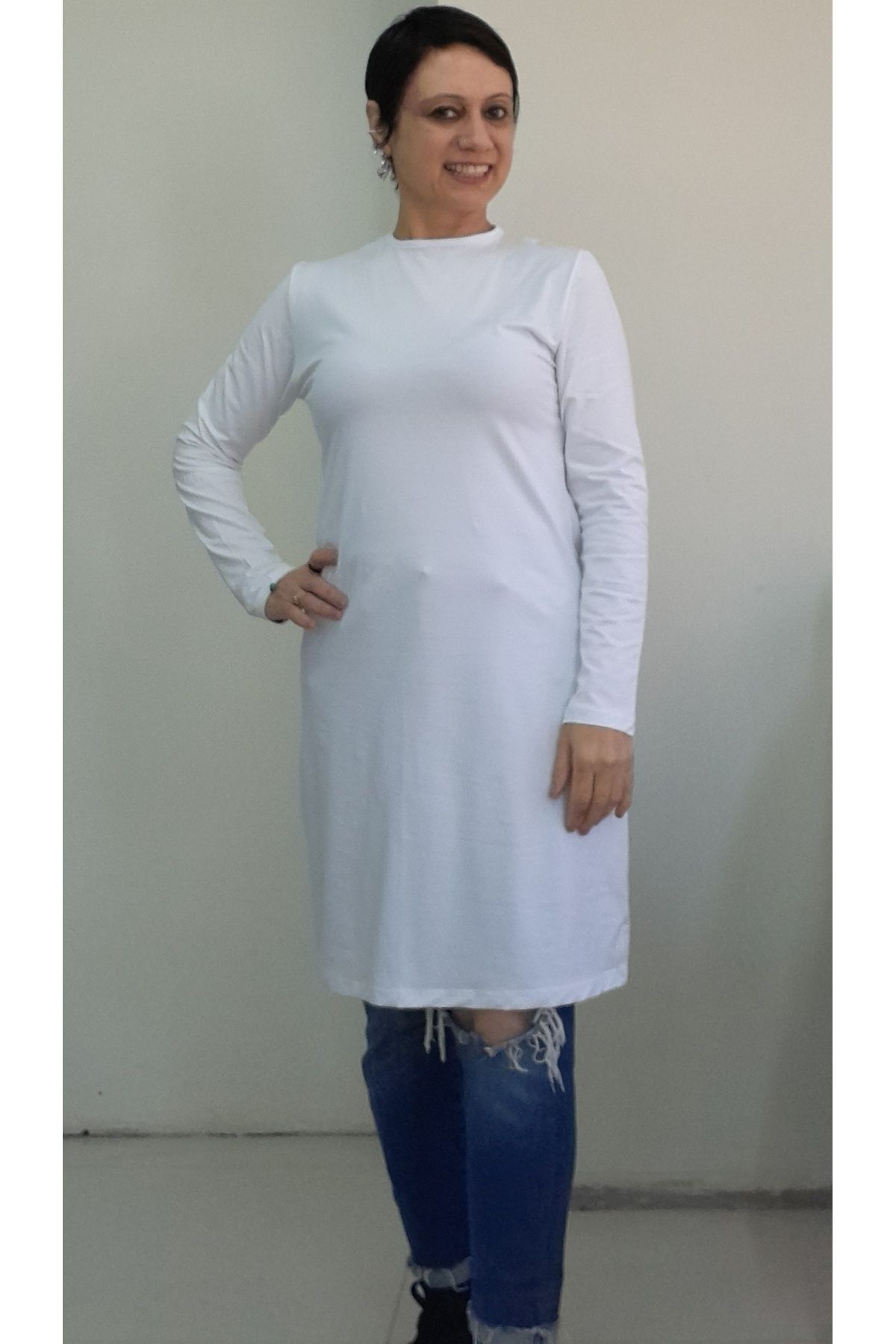 Mertcan Butik Beyaz bisiklet yaka uzun kollu penye viskon tesettür içlik tunik tişört