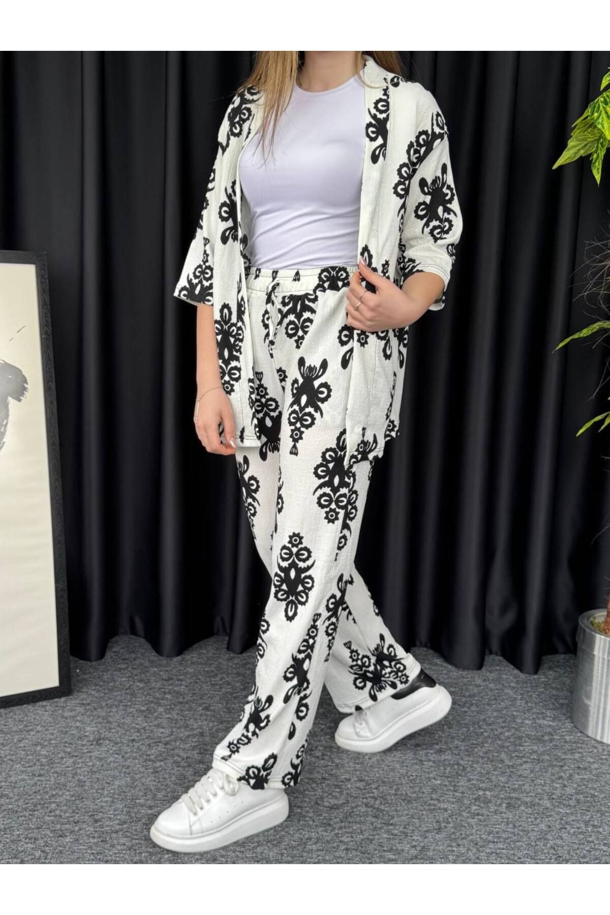 VOGUEMET ✅ Bürümcük Kumaş Desenli Kimono Takımı - Kadın, Modern ve Konforlu