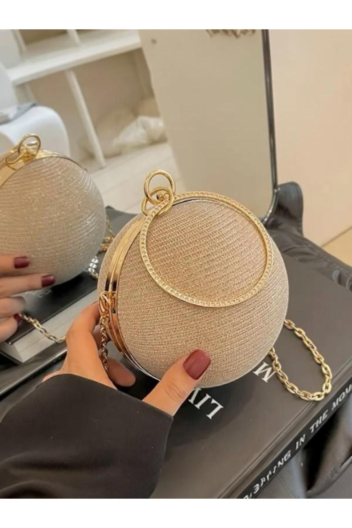 Mialos Heart Premium Tasarım Taşlı Yuvarlak Top Şekilli El Çantası ,Kadın Omuz Çantası, Parti Düğün Vücut Çantası