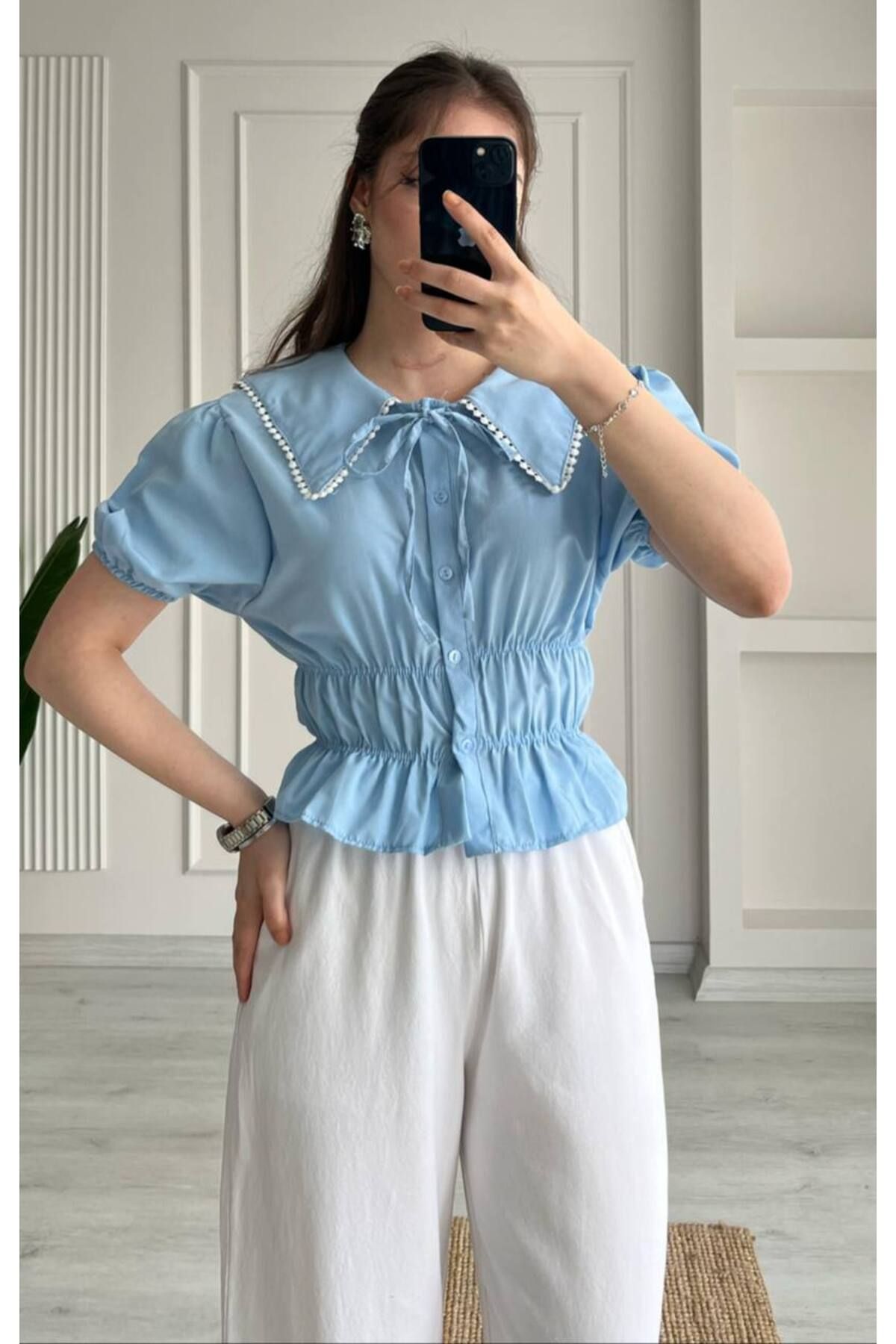 mirabella Kadın Yeni Sezon Bebe Yaka Detaylı Gömlek Bluz