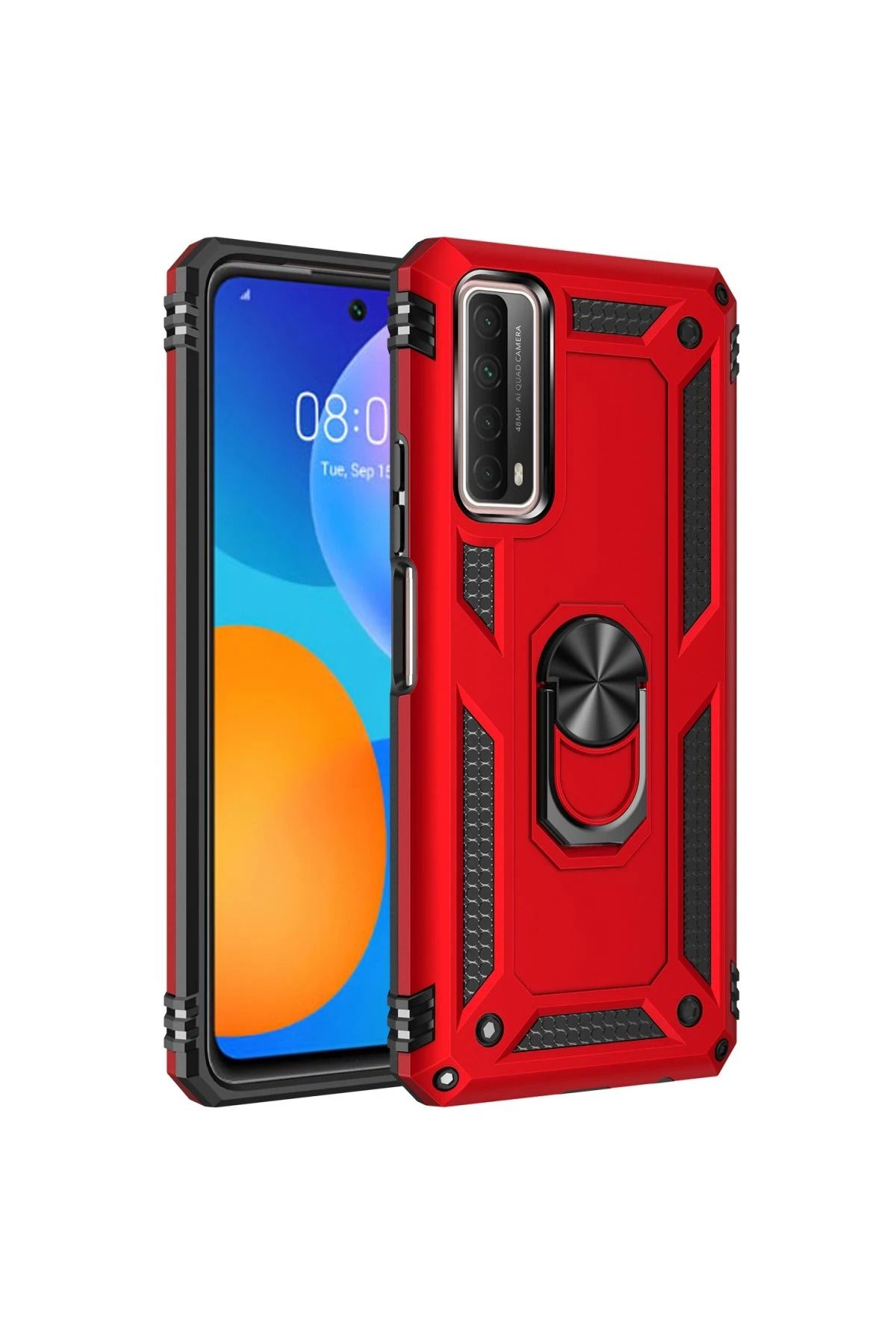NewFace Huawei P Smart 2021 Kılıf Sofya Yüzüklü Silikon Kapak - Kırmızı HNZRN