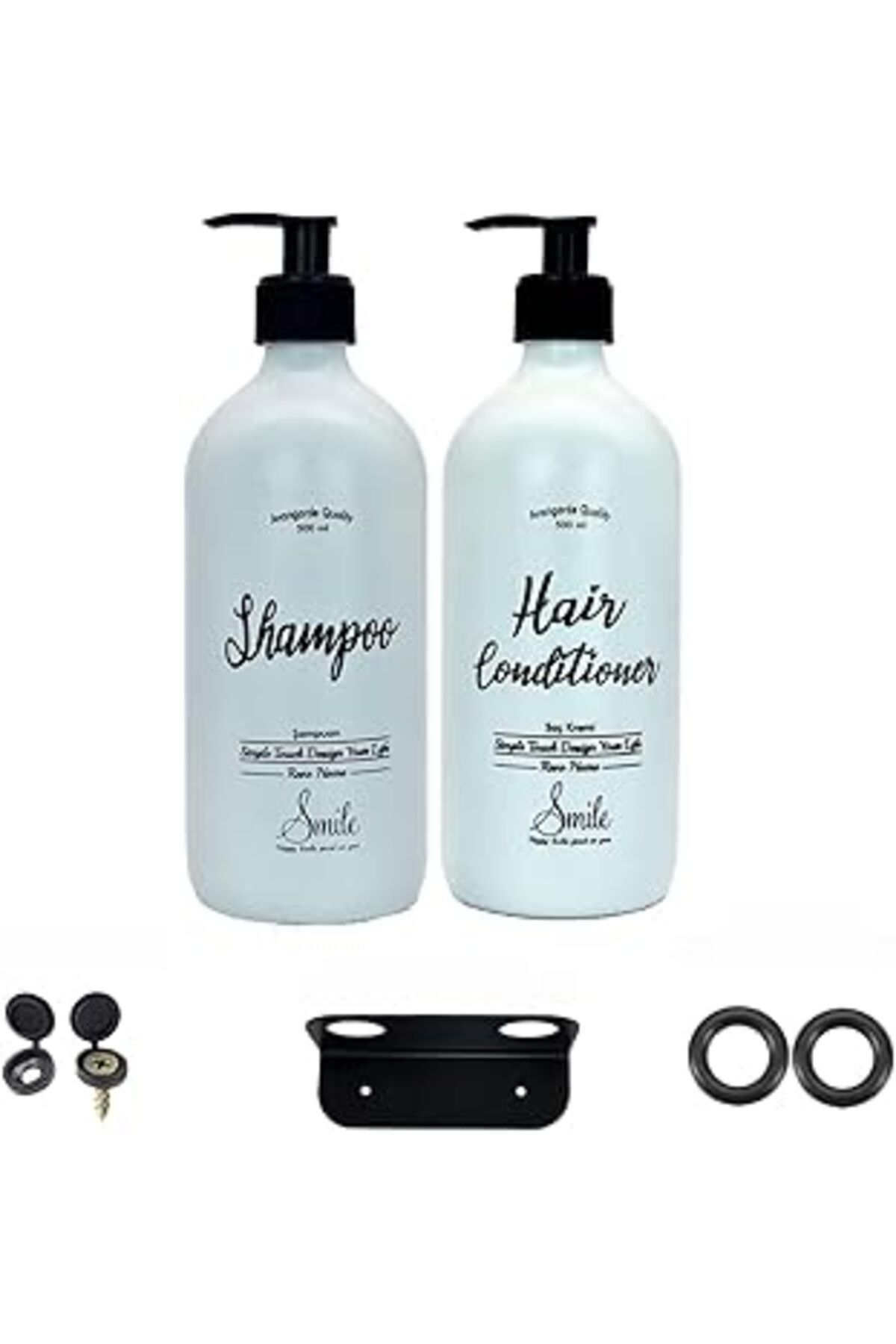 karadağsb Duvar Askı Aparatlı Beyaz Cam Saç Kremi + Şampuan Şişesi – 500 Ml