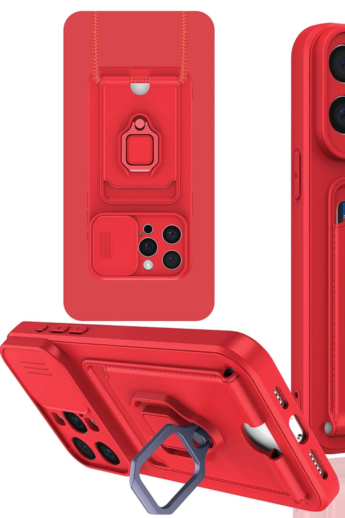 NewFace iPhone 15 Pro Kılıf Zuma Kartvizitli Yüzüklü Silikon - Kırmızı JOJUA