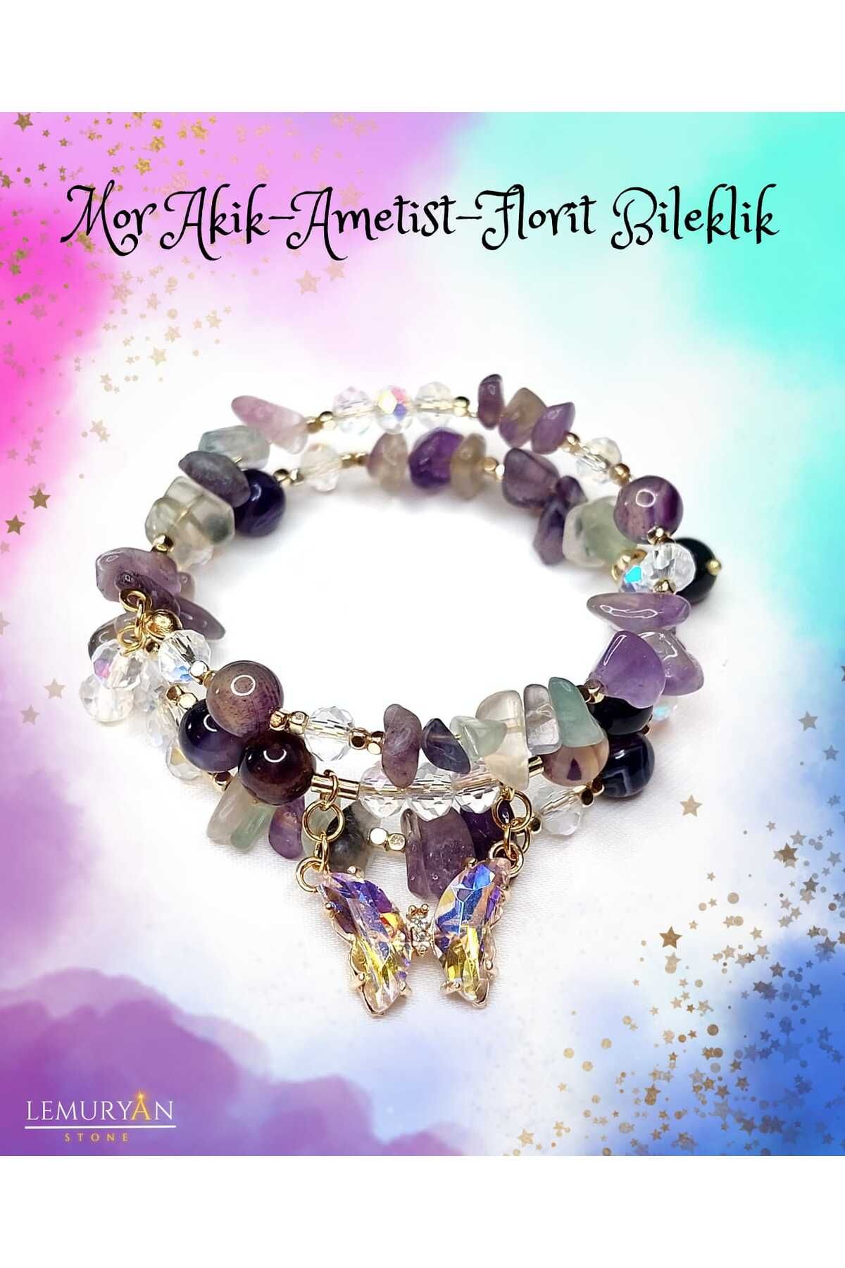 Herkimer Doğal Taş Orijinal Doğaltaş Mor Akik - Ametist - Florit Helozon Bileklik