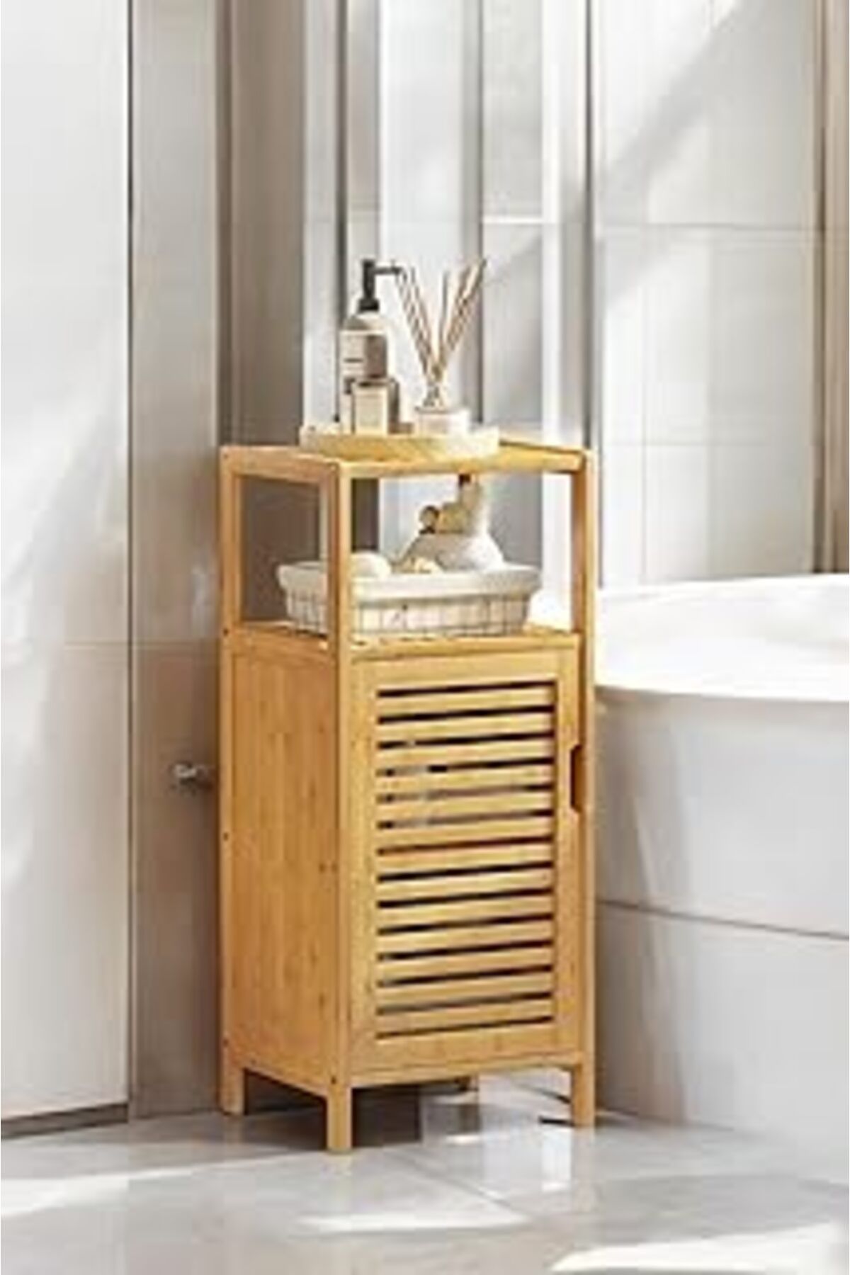karadağsb Digithome Bambu Tek Kapaklı 2 Raflı Çok Amaçlı Banyo Düzenleyici Organizer Dik Dolap Jw-23090