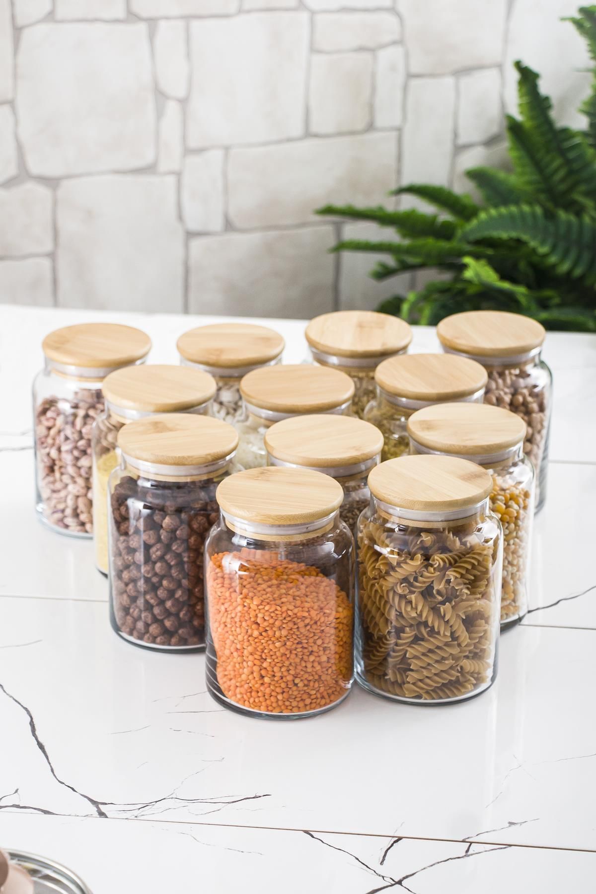 ARDA DİZAYN 12 Lü Set Bambu Kapaklı Cam Kavanoz & Erzak Saklama Kabı 800 ml Orta Boy ( Vakum Kapak )