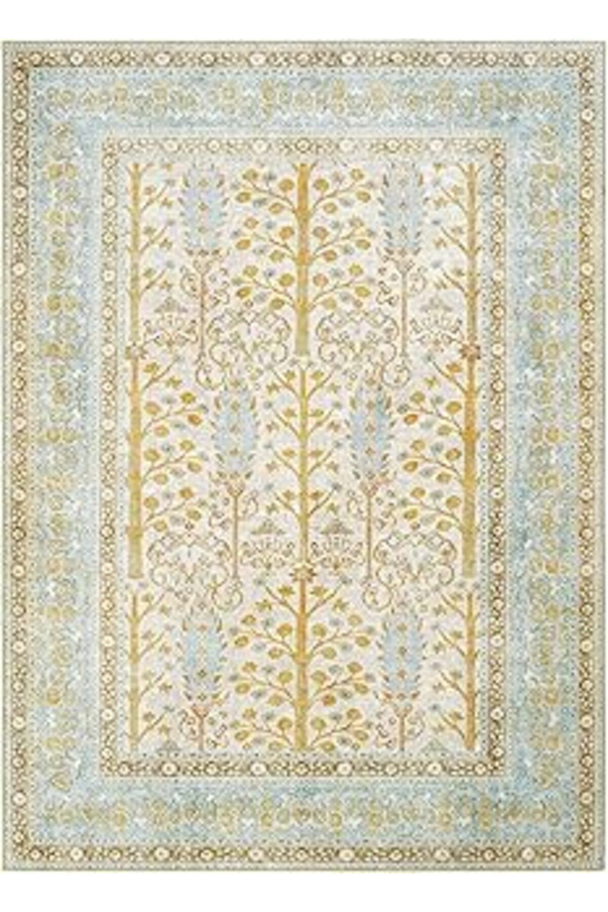 Pazarcan Cool Halı Private Sarı Halı Eskitme Vintage Şönil Halı Etnik Desenli Çiçekli Otantik Yıkanabilir Sa