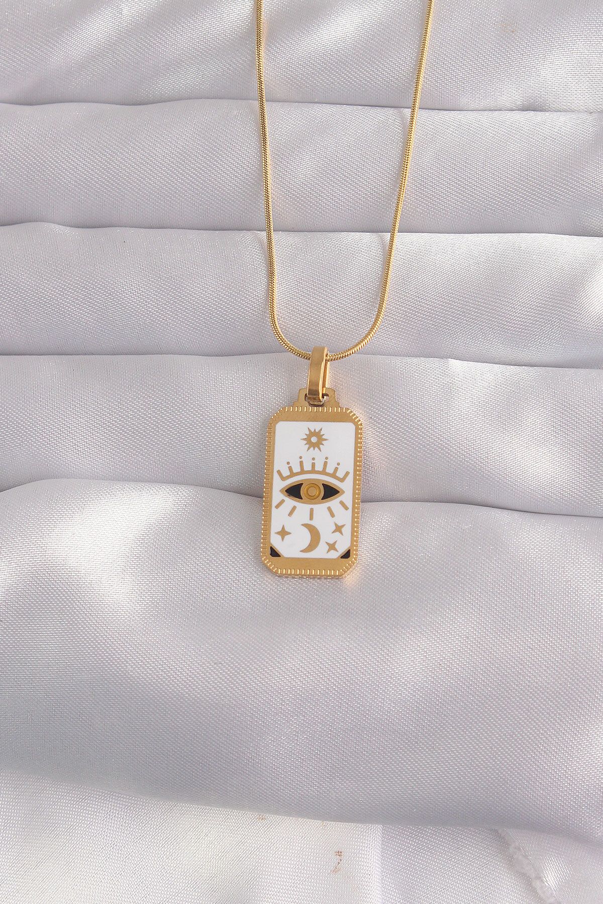 Evinso 316L Çelik Gold Renk Beyaz Mineli Göz Figür Tarot Kolye