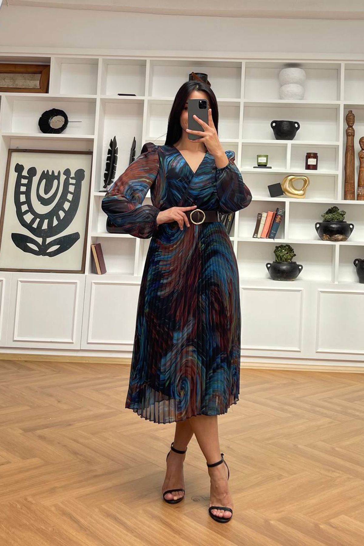 XXL BUTİK XXL Butik kadın piliseli kruvaze yaka şifon elbise X-NBMY3286