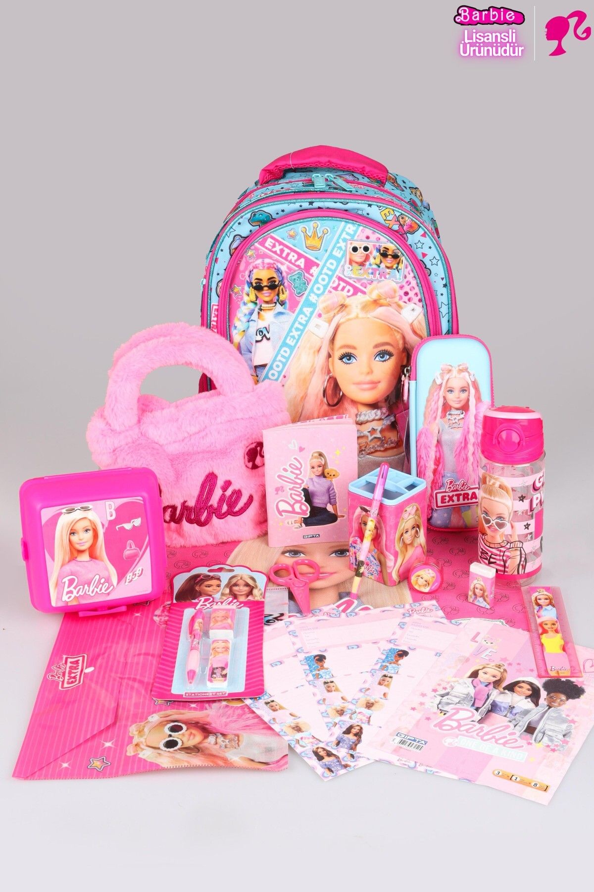 DEKOMUS İLE LİSANSLI FULL + FULL "PEMBE MAVİ PRENSES KOLEKSİYONU" BARBIE 3 BÖLMELİ OKUL,BESLENME VE