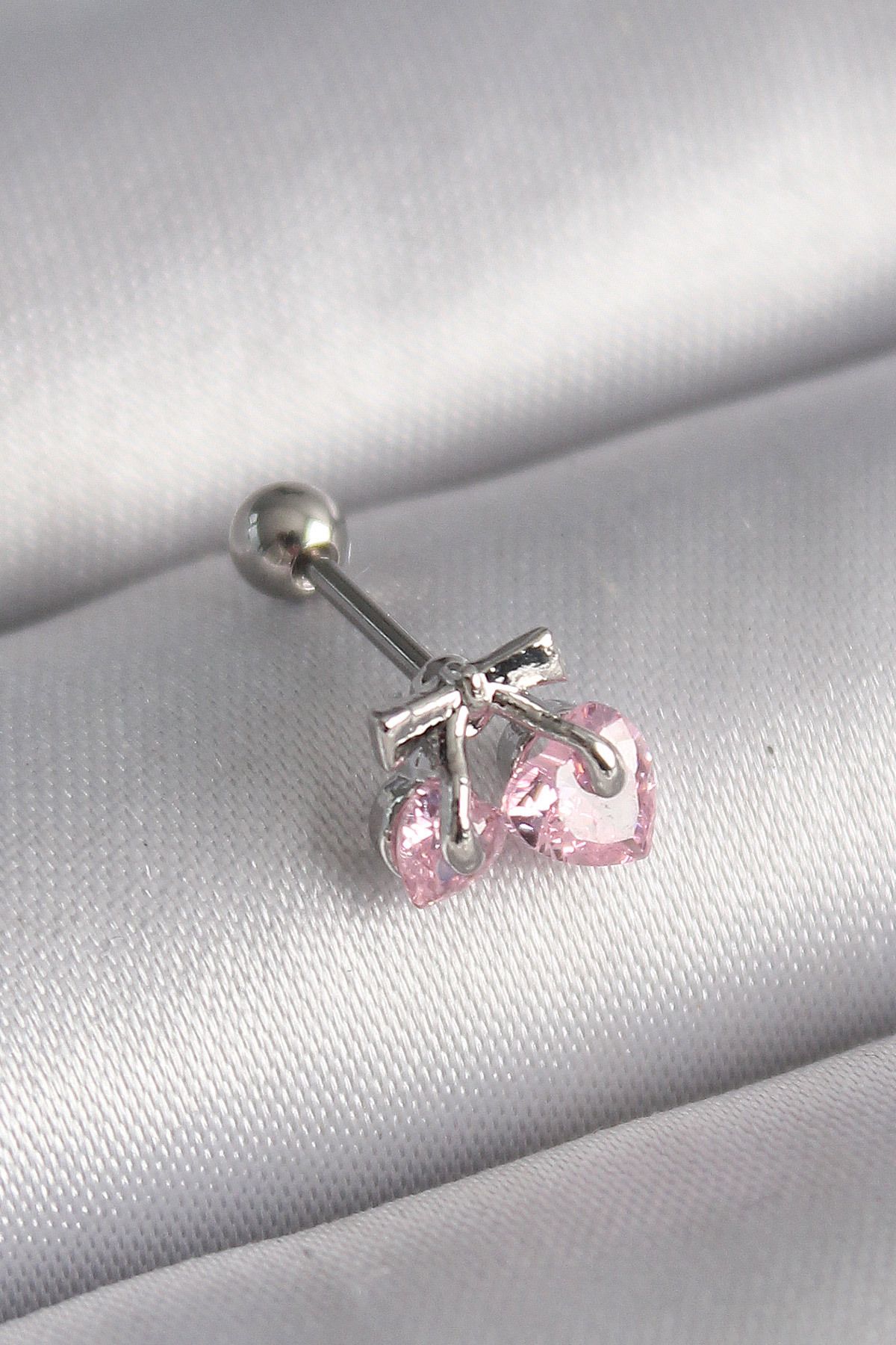 MAYAS 316L Çelik Gümüş Renk Pembe Zirkon Taşlı Kalp Tragus Piercing