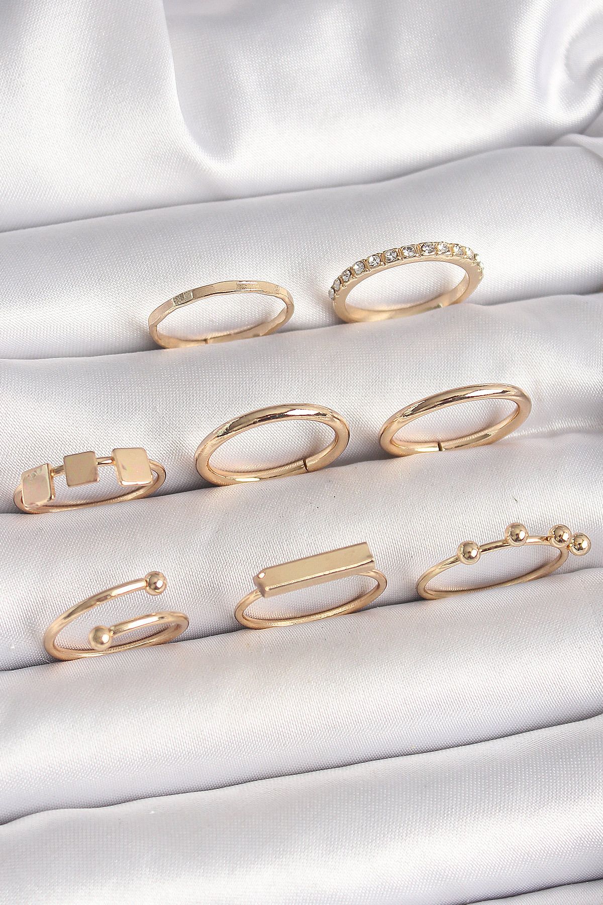 OEM Pirinç Gold Renk Goemetrik Sembol Model Zirkon Taş Detaylı Kadın Yüzük Kombini