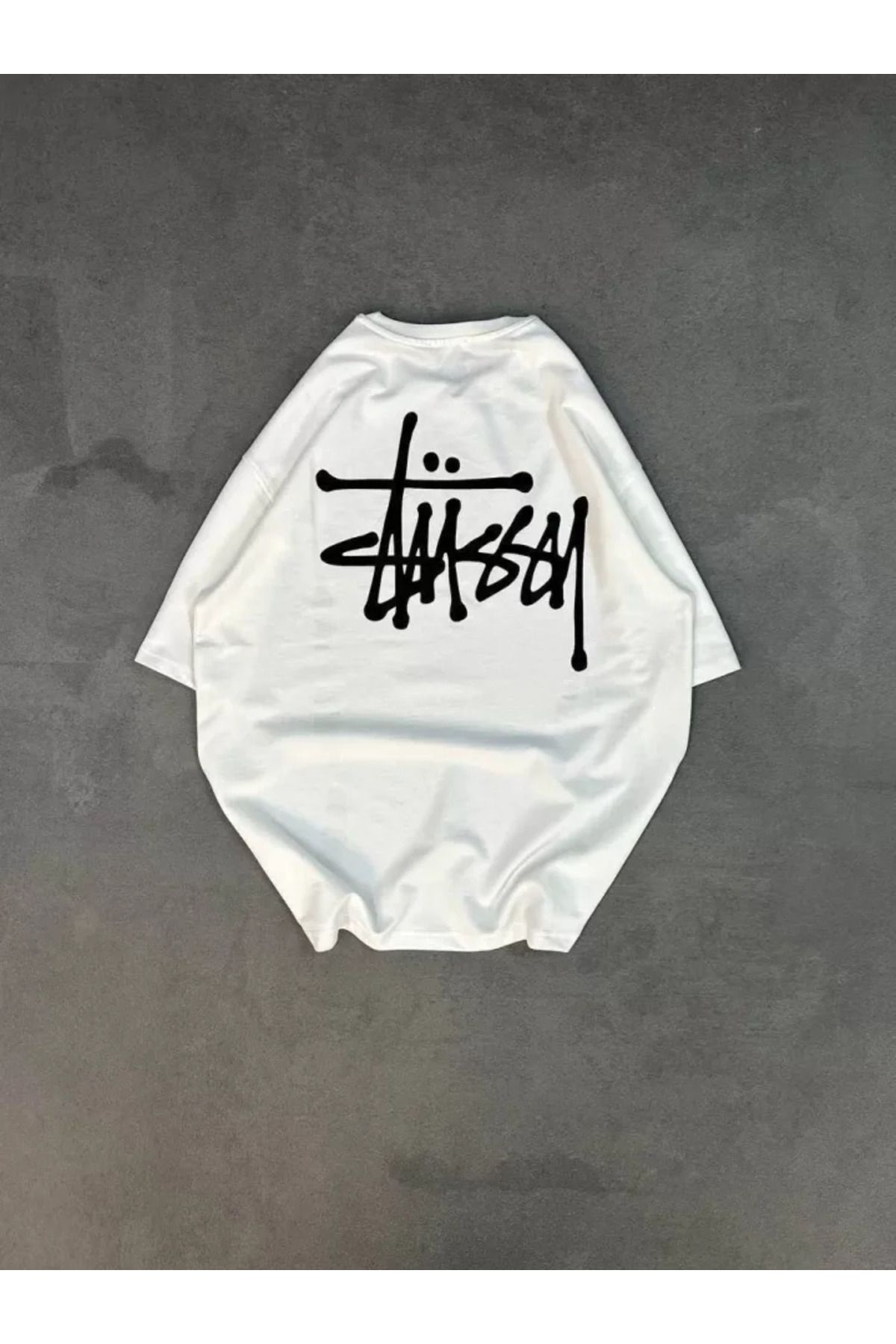 AhEs Shopping Unisex Bisiklet Yaka Baskılı Oversize T-Shirt - Beyaz