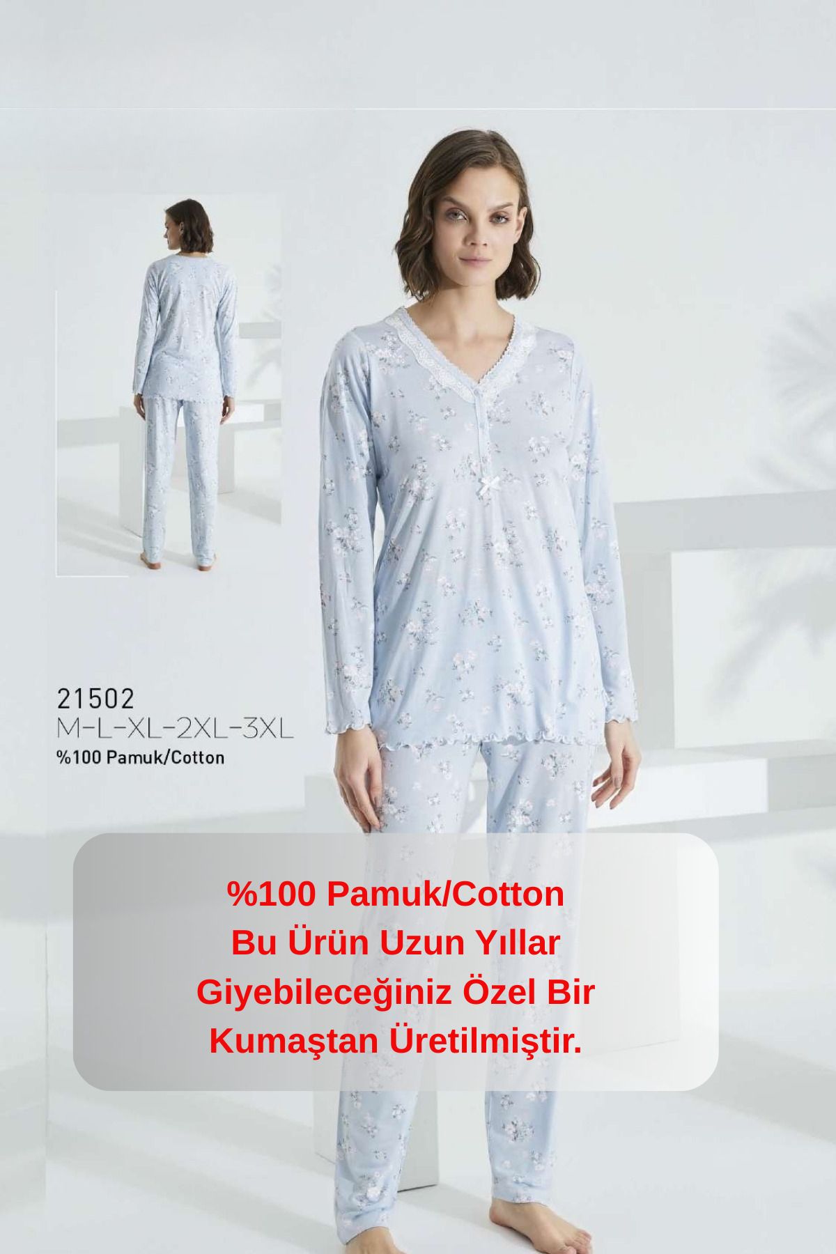 Anastasia Underwear Pijama Takım Uzun Kol Yazlık Önden Üç Düğmeli Yakası Dantelli Çiçek desen KALİTELİ Takım