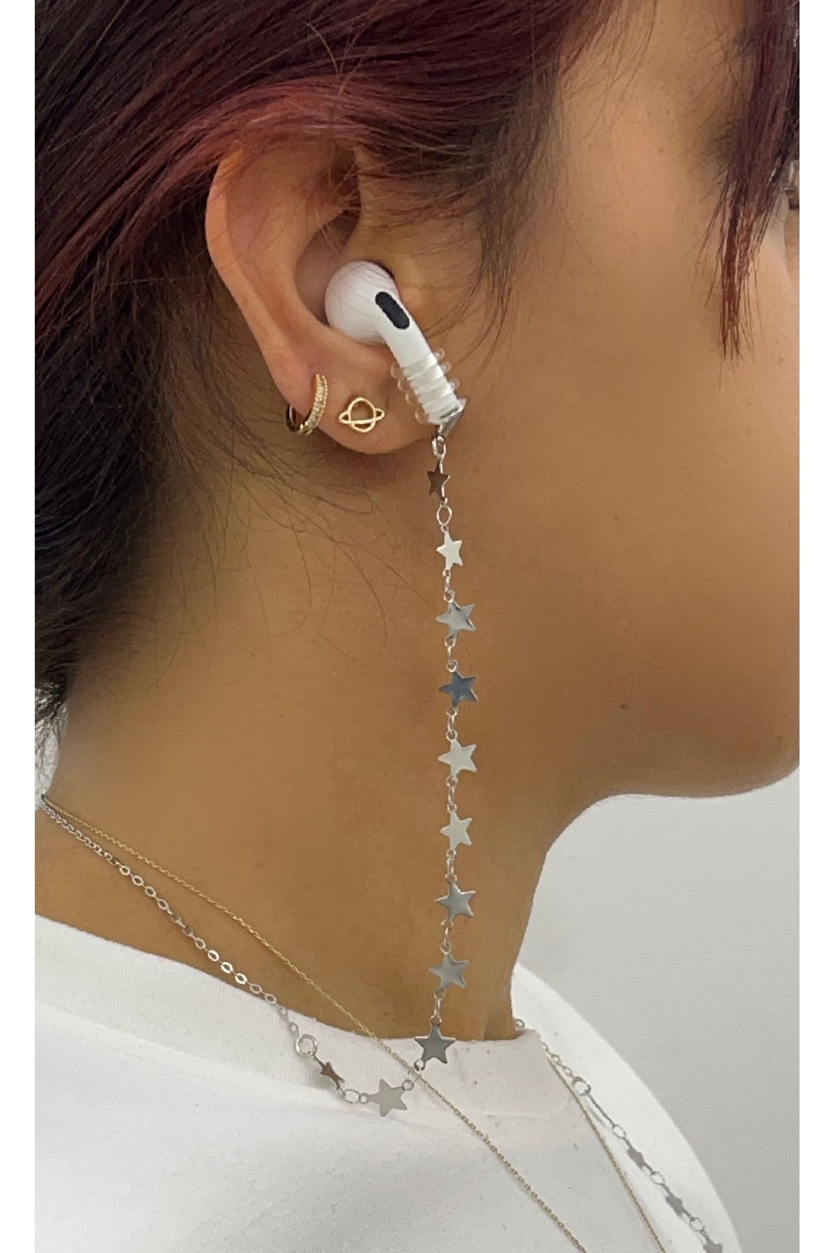 Alien Tailor Airpods vb. bluetooth kulaklık askısı ipi boyunluk gümüş yıldız zincir