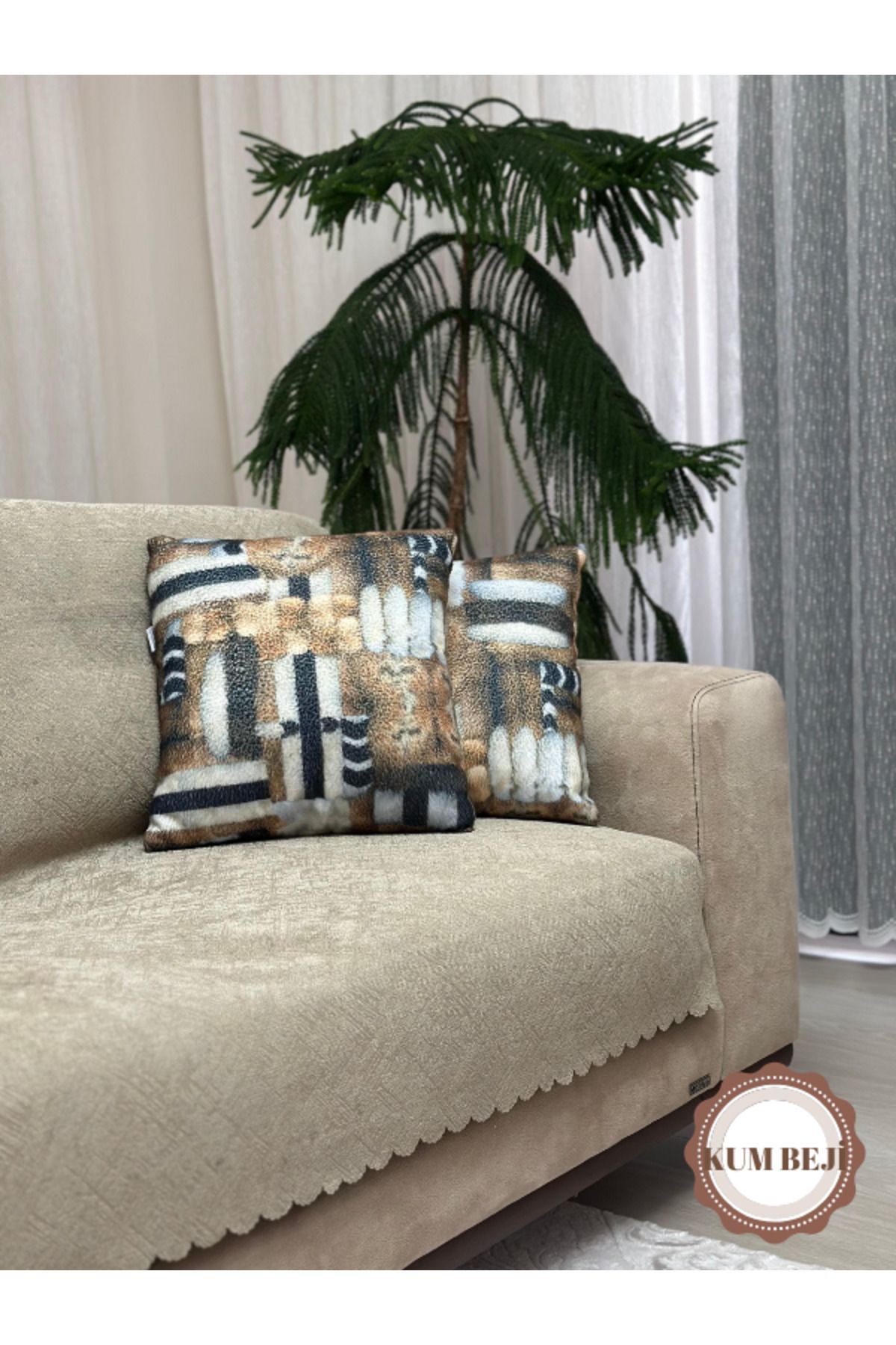 PAWN MARK COMPANY Jakarlı Şönil Kaymaz Koltuk Örtüsü ve Çekyat Örtüsü 175x215 cm | Mikrofiber Koltuk Şalı kum beji