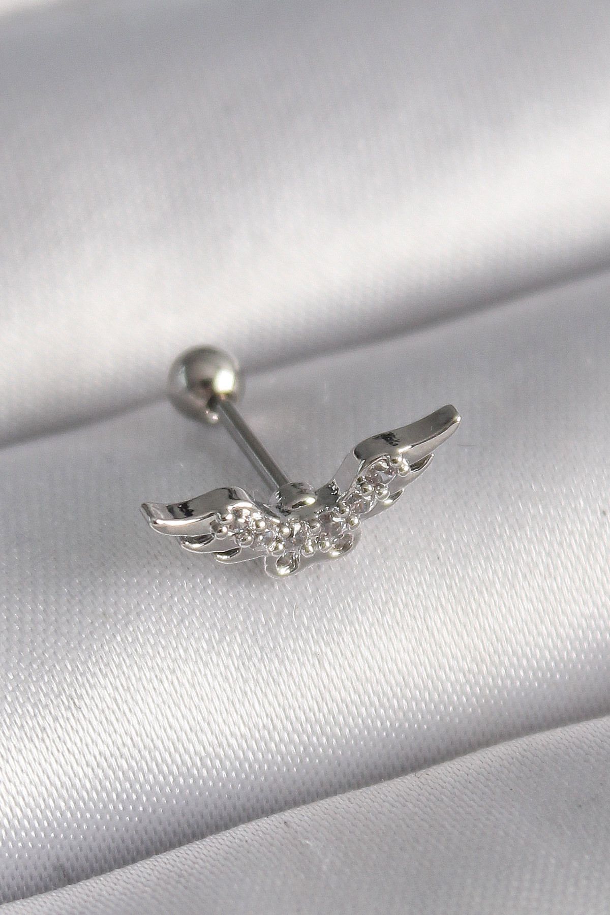 MAYAS 316L Çelik Gümüş Renk Zirkon Taş Detay Kanat Model Tragus Piercing