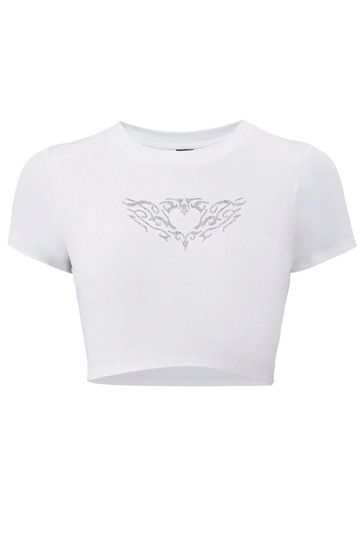 BRZ COLLECTION Kadın Heart Kristal Taş Baskılı Crop T-shirt Beyaz