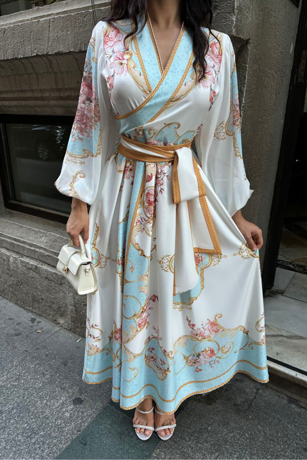 XXL BUTİK XXL Butik kadın kruvaze yaka desenli maxi elbise X-NBMS42149