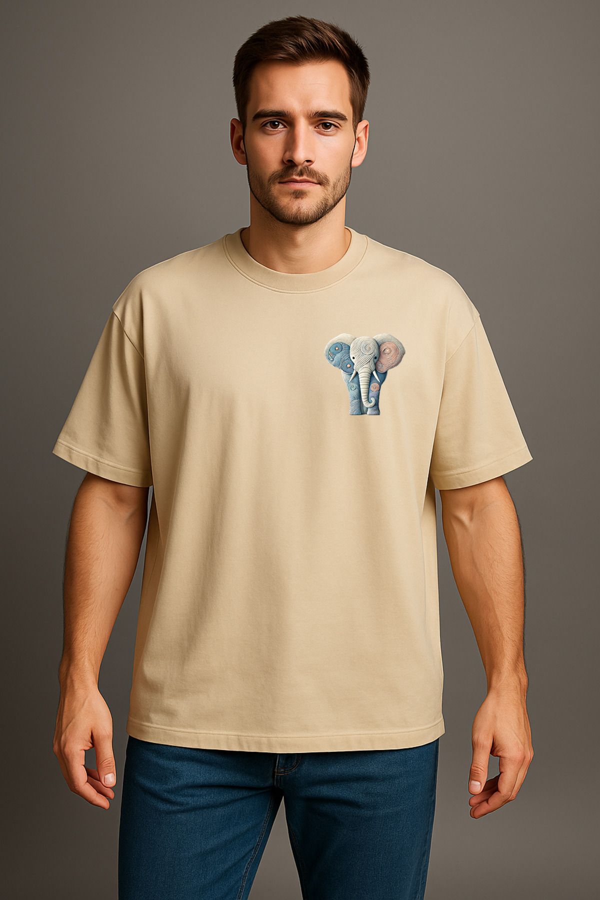 wolka Minimal Fil Baskılı Unisex %100 Pamuk Oversize Bisiklet Yaka Bej T-shirt