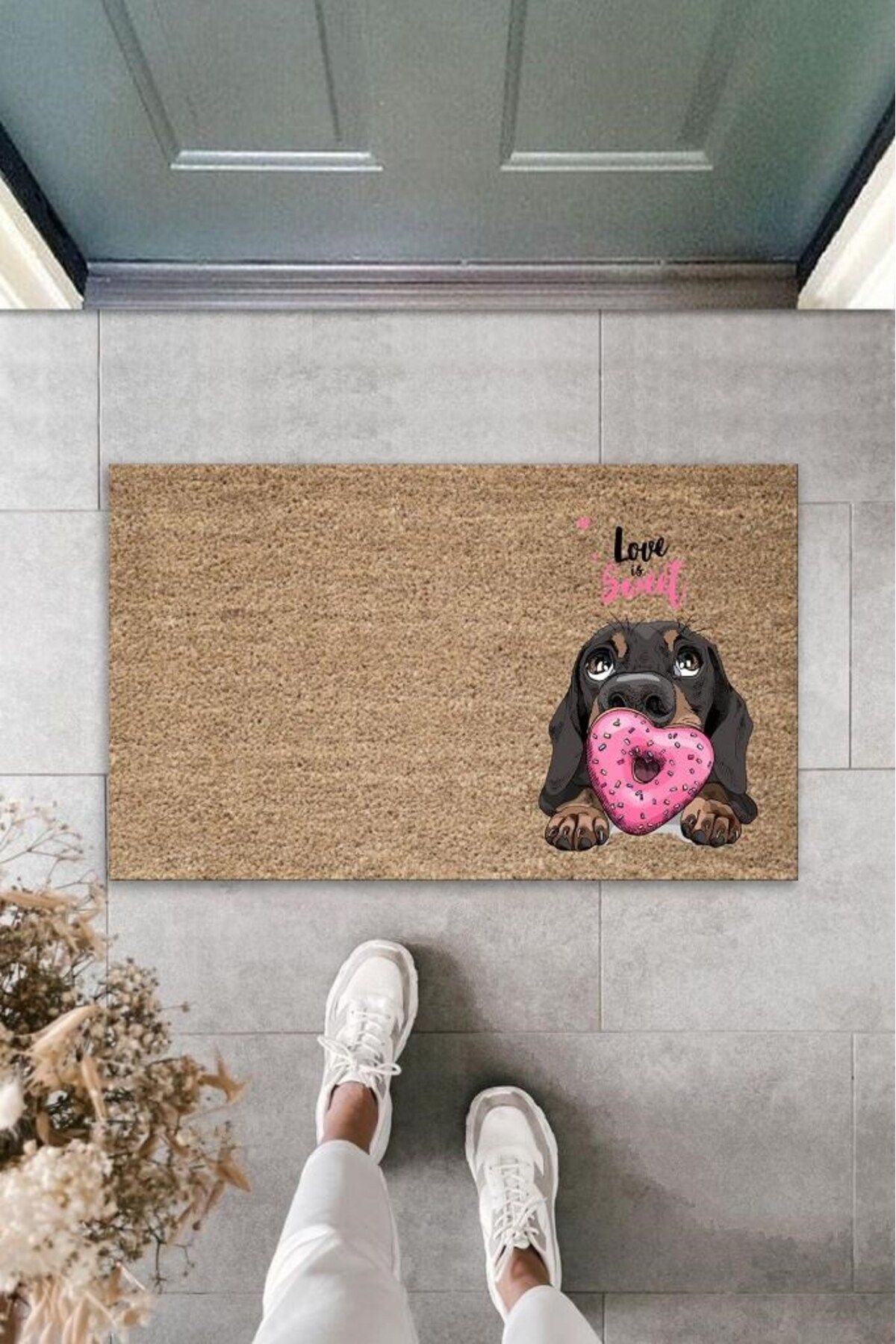 Tahtakale Toptancısı Dijital Baskı Kahverengi Love Sweet Pembe Uzun Kulaklı Köpek Dekoratif Kapı Paspası K-2056