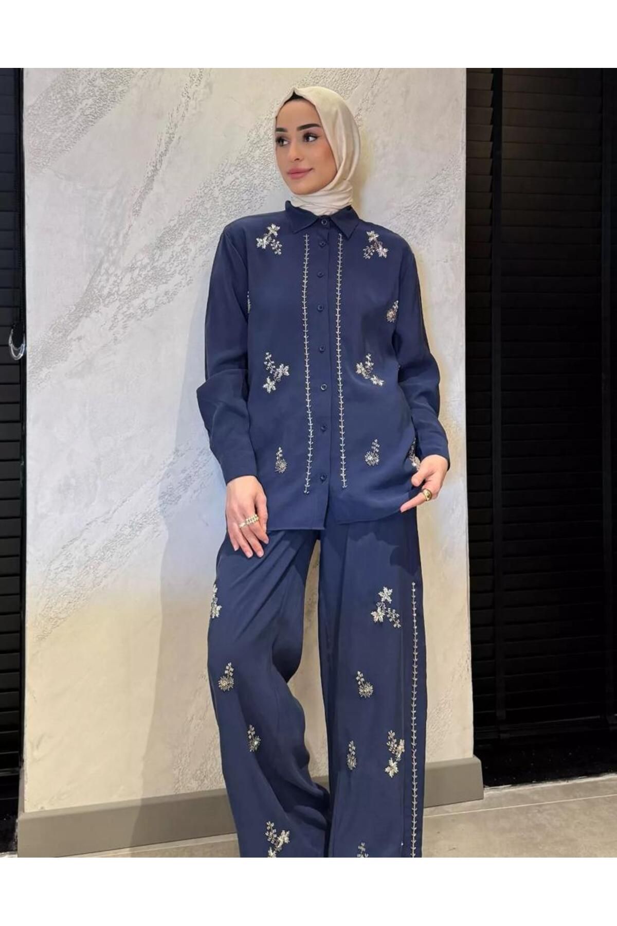 nizzell Kadın Boncuk İşlemeli Gömlek Pantolon Tesettür İkili Takım