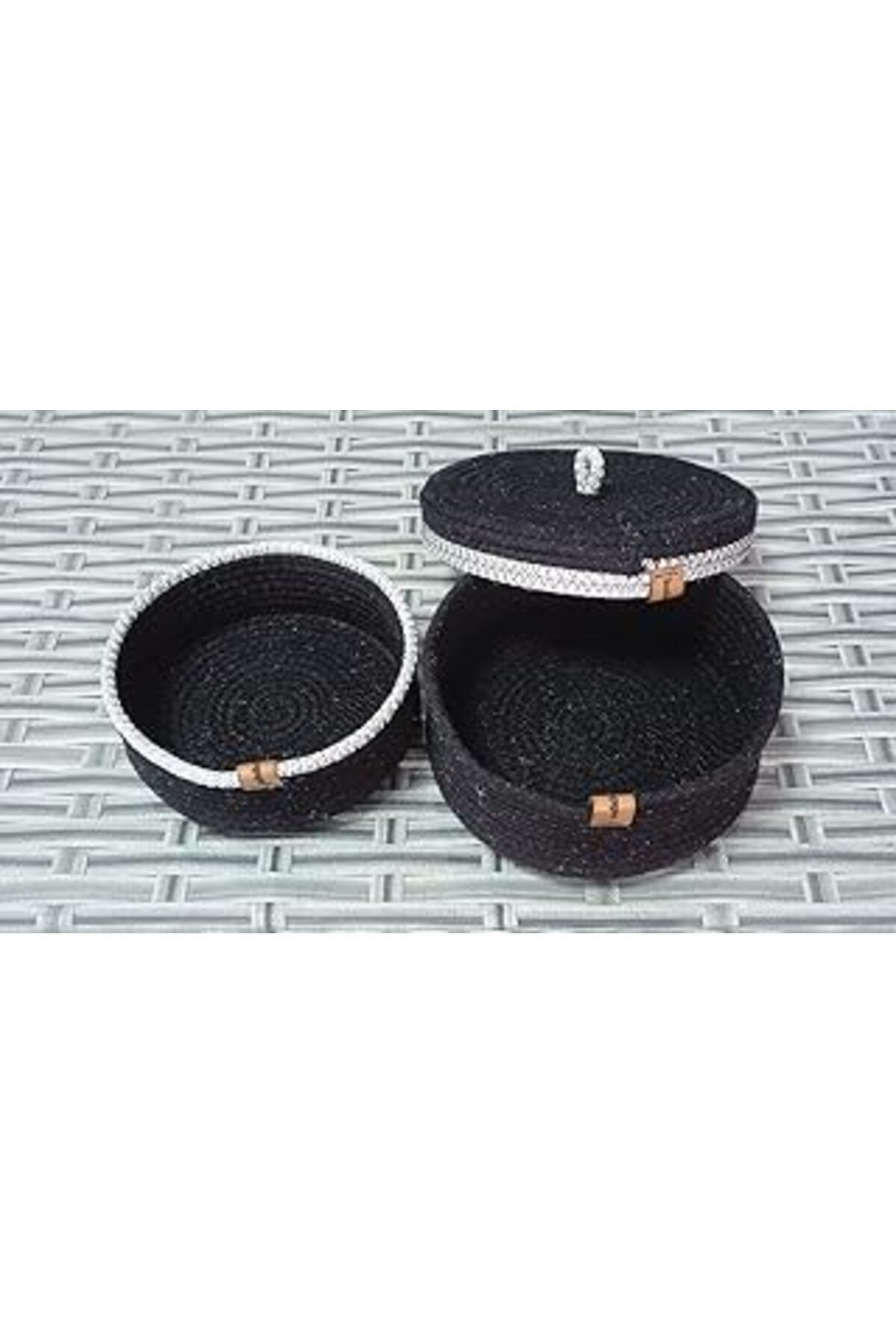 Mu Art 3 Parça Kapakli Hasir Sepet 20cm Yuvarlak Gri&siyah Ev Banyo Örme Havlu Düzenleyici Organizer