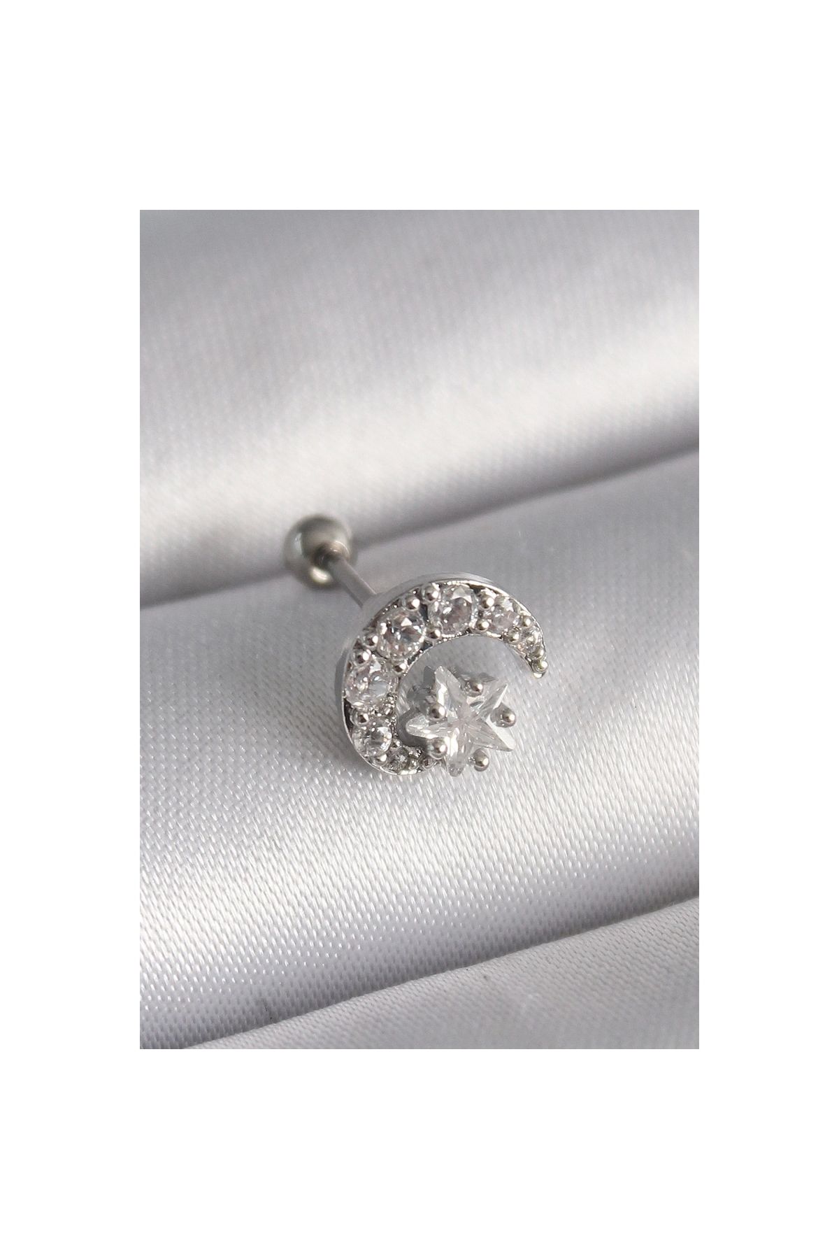 Narnuga 316L Çelik Gümüş Renk Zirkon Taşlı Ay Yıldız Tragus Piercing - TJ-PR1257