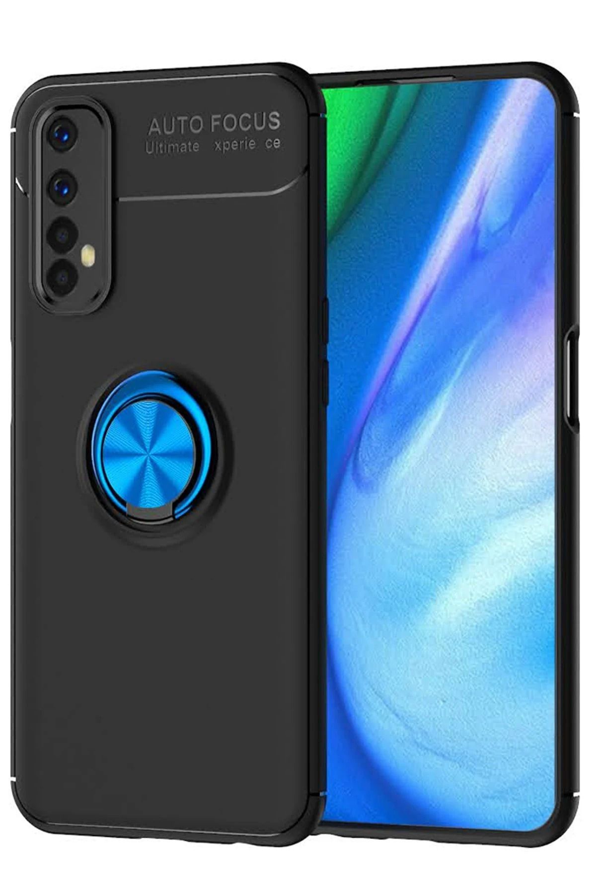 NewFace Realme 7 Kılıf Range Yüzüklü Silikon - Siyah-Mavi HNZRN