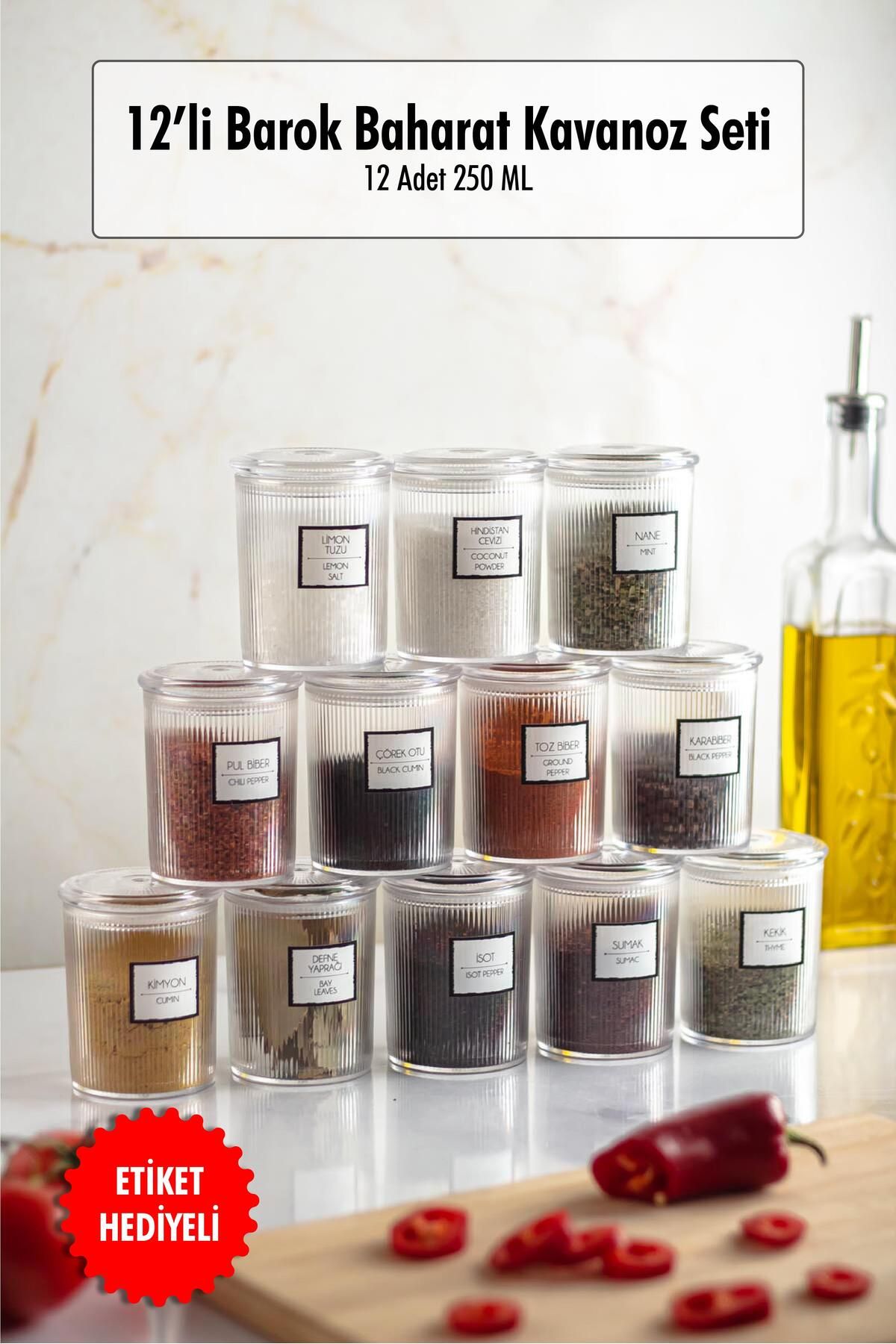 HNG HOME 12'li Barok Yuvarlak Baharat Kavanoz Seti & Saklama Kabı & Erzak Kabı (12*250 ML)