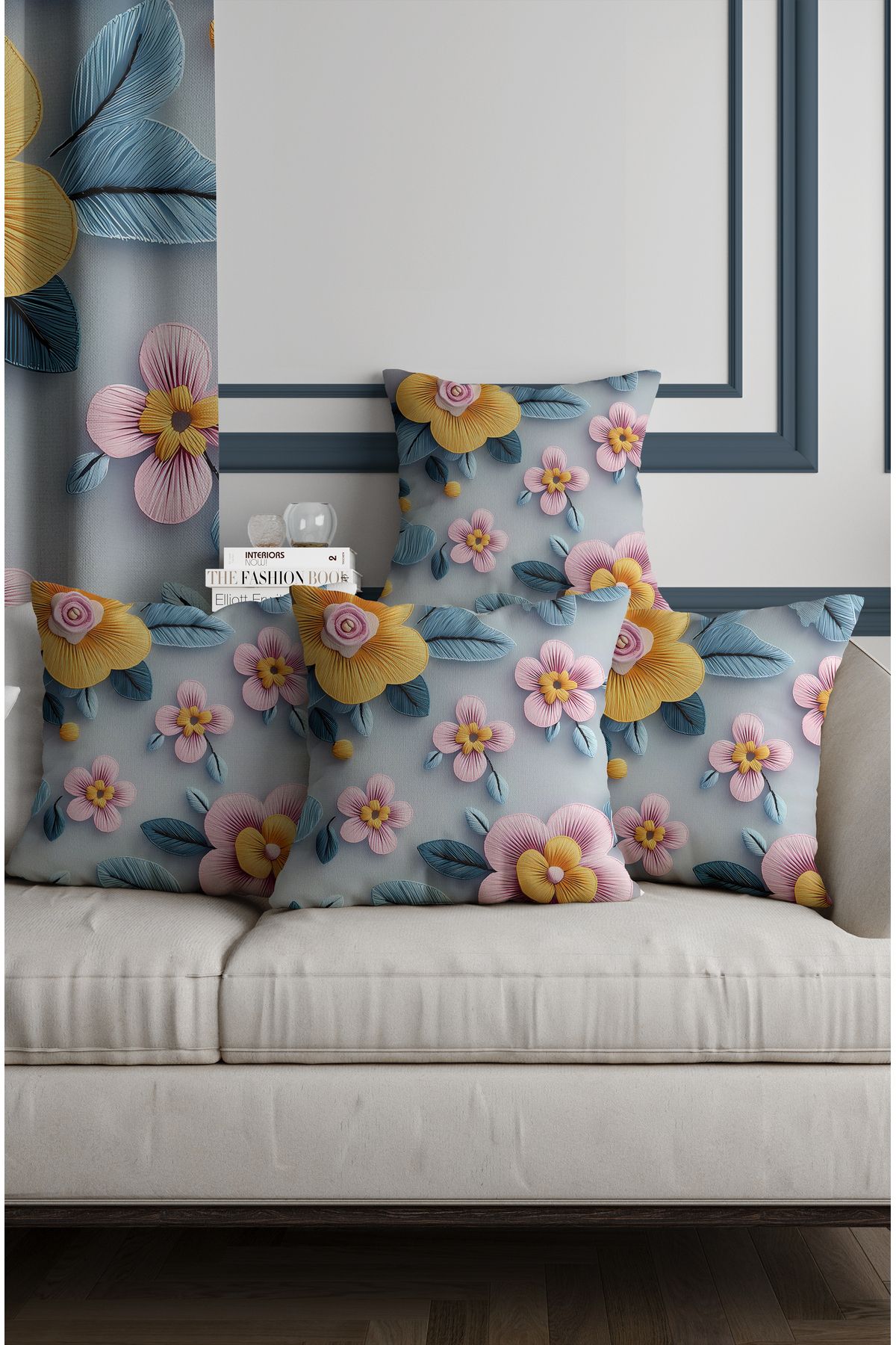 ALAMODECOR Pembe, Sarı Çiçek Desenli Punch Nakış Çift Taraflı Dijital Baskılı 4'lü Kırlent Kılıfı Seti