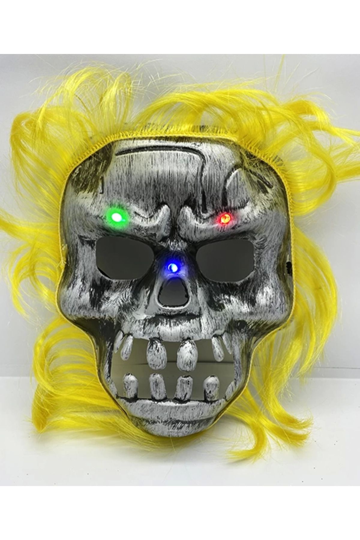 YNT İthalat Sarı Saçlı Led Işıklı Kuru Kafa İskelet Korku Maskesi 22x25 Cm