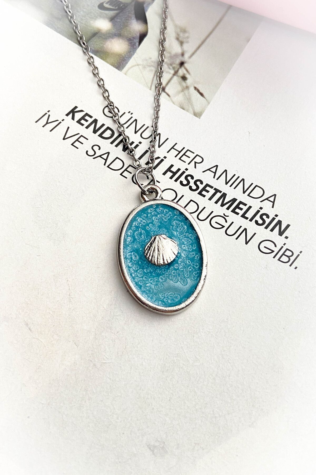 roshel Çelik Gümüş Renk Mavi Mineli İnce Zincir Madalyon Çelik Kolye