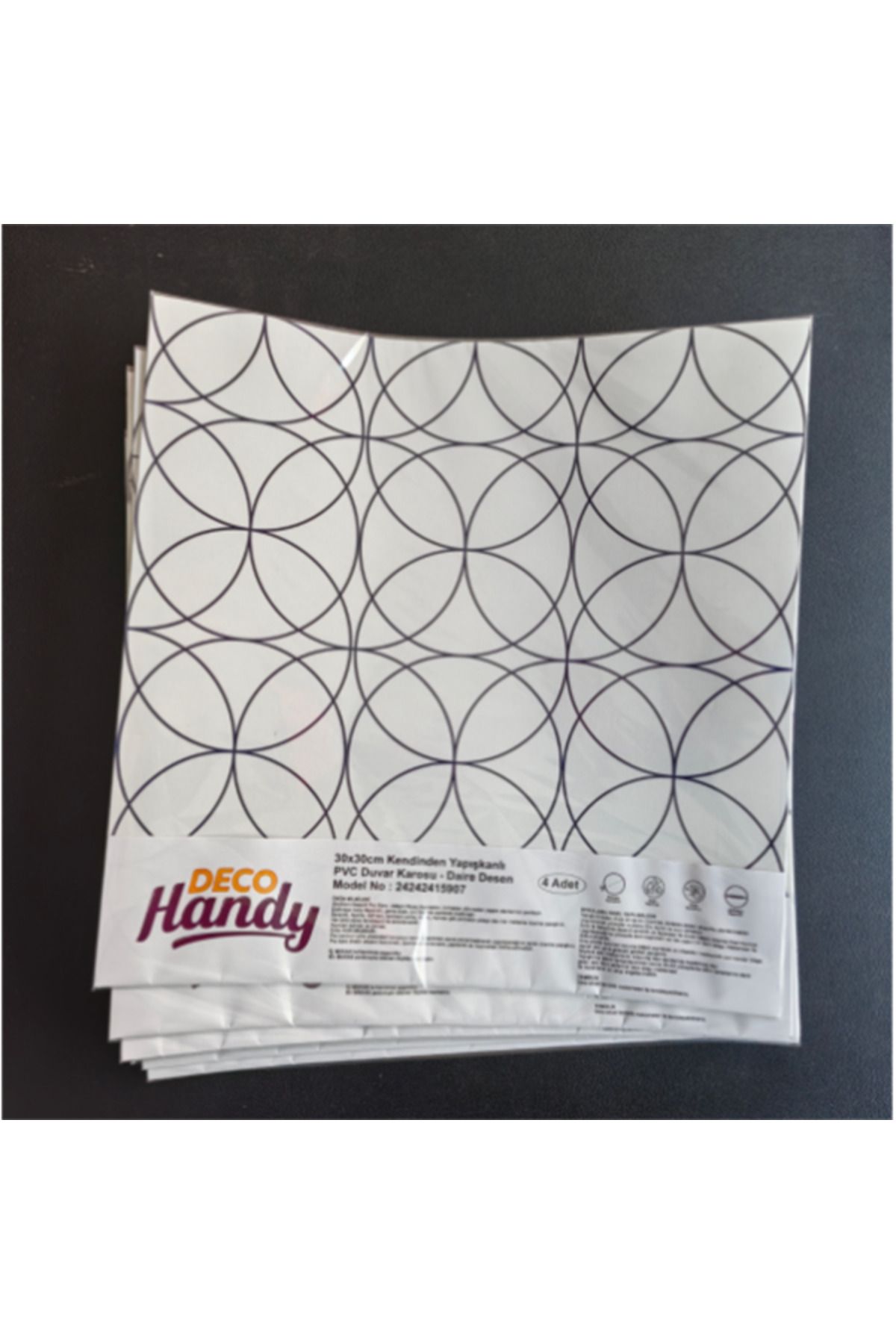 DENİZBİLİŞİM Decohandy Pvc Duvar Karosu 30X30Cm 4'Lü Paket - Siyah Daire Geometrik Desen 0,36M2