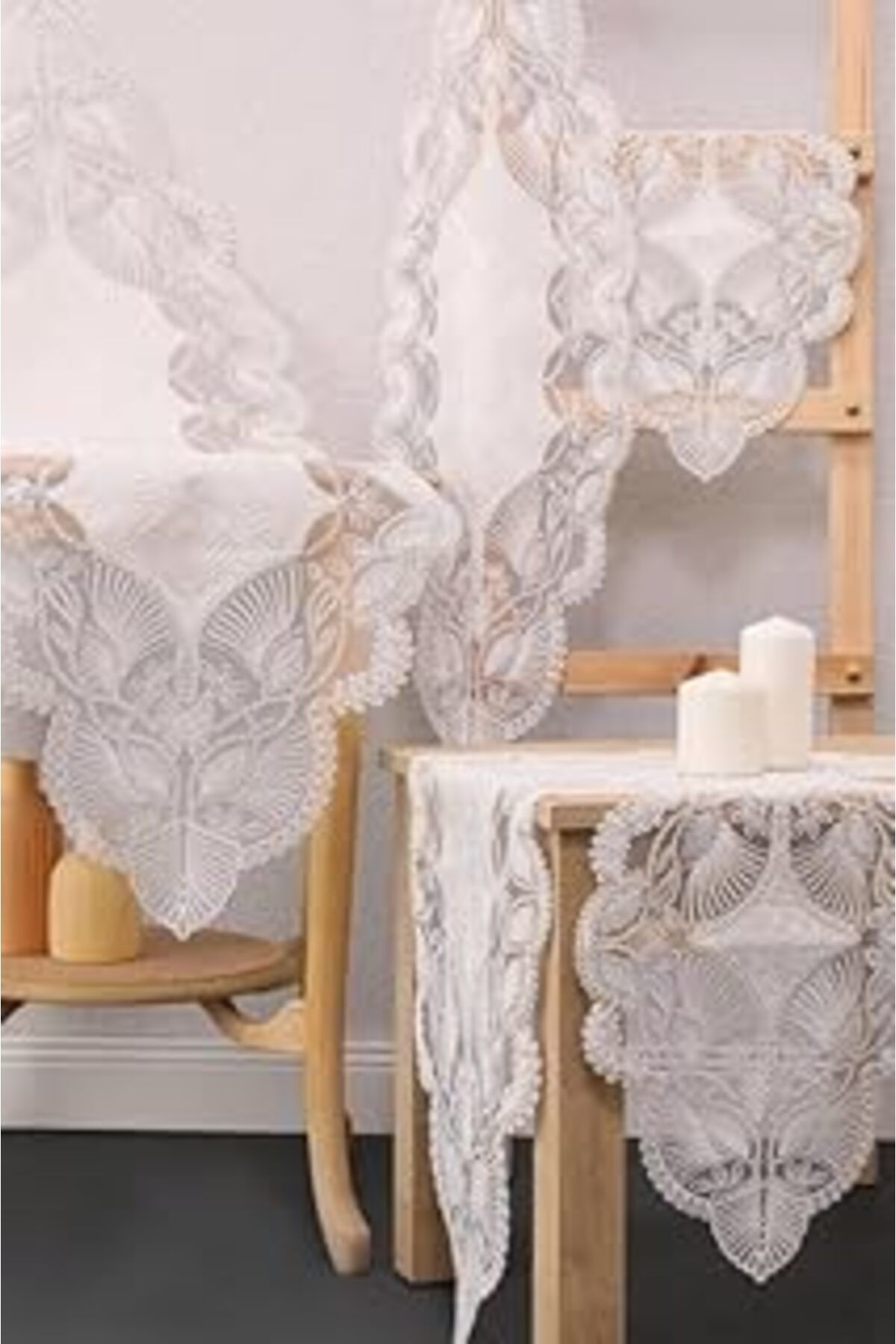 karadağsb Favora Avangart Kadife Fransız Güpürlü 5 Parça Salon Takı Ekru