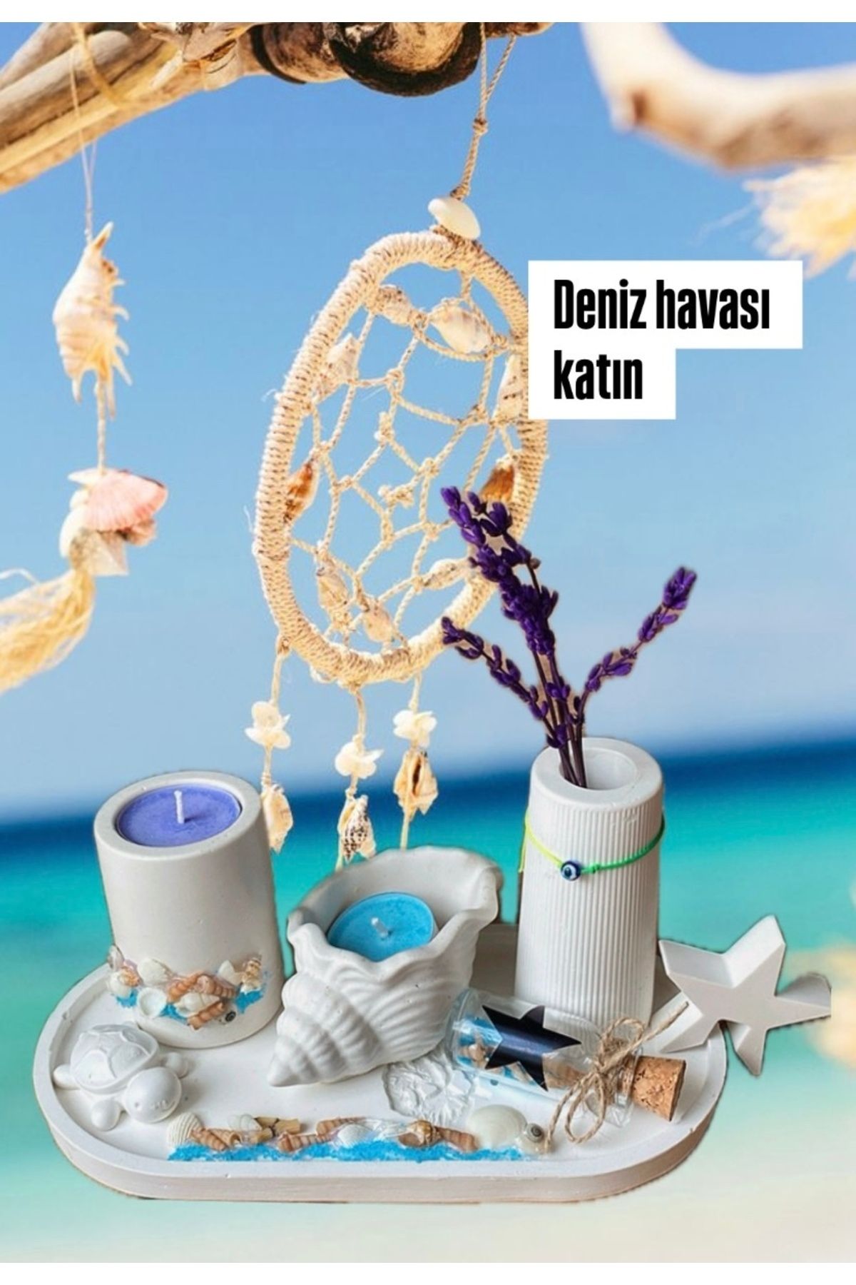 Magic Cat Dekoratif Doğal Deniz Kabuk Seti Çizgili Vazo Mumluk Mum Seti Tepsi 22 Sm