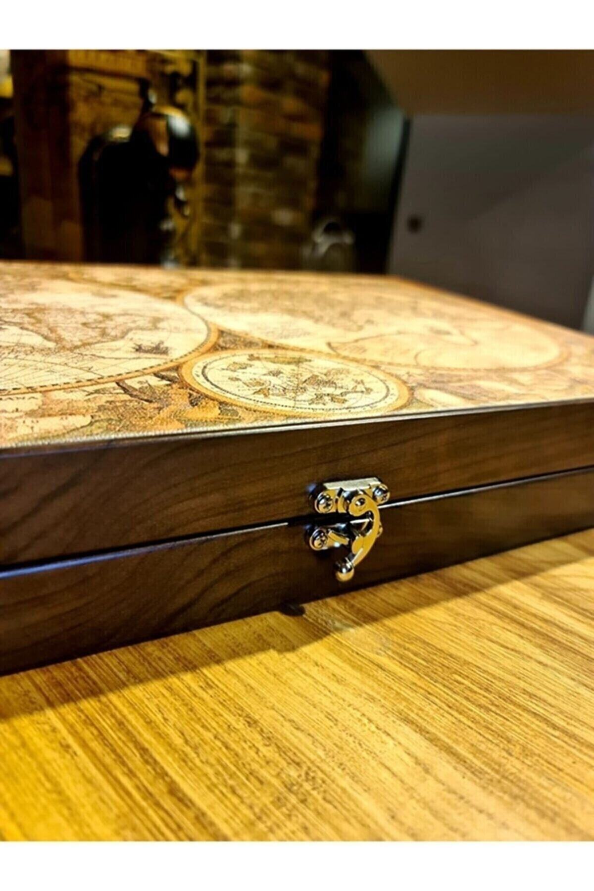 megame Kişiye Özel Lüx Deri Tavla Takımı Antik Haritalı Lüx Deri Tavla Özel Üretim Takım