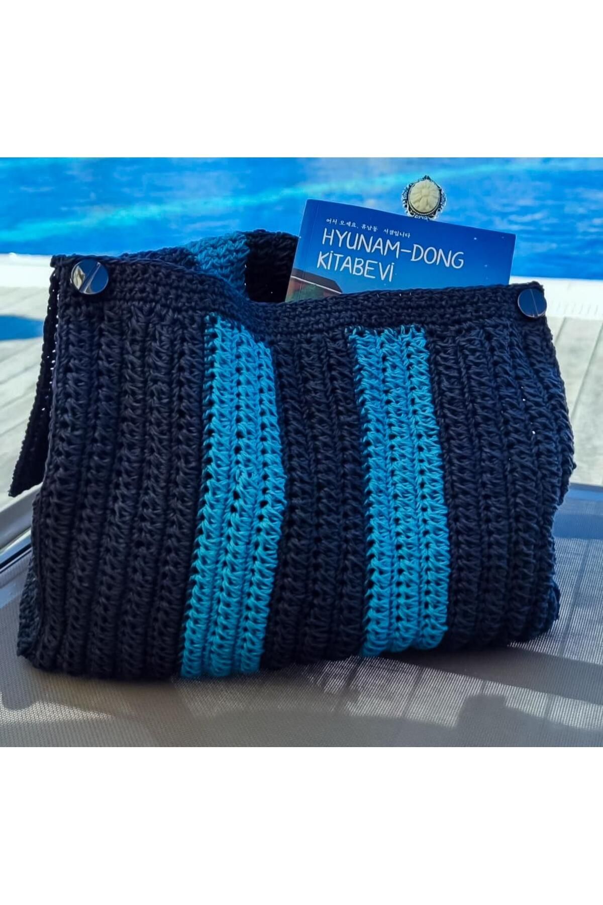 ORGANICMIRA Kadın Mavi El Çantası Hasır Plaj Clutch Çanta Büyük