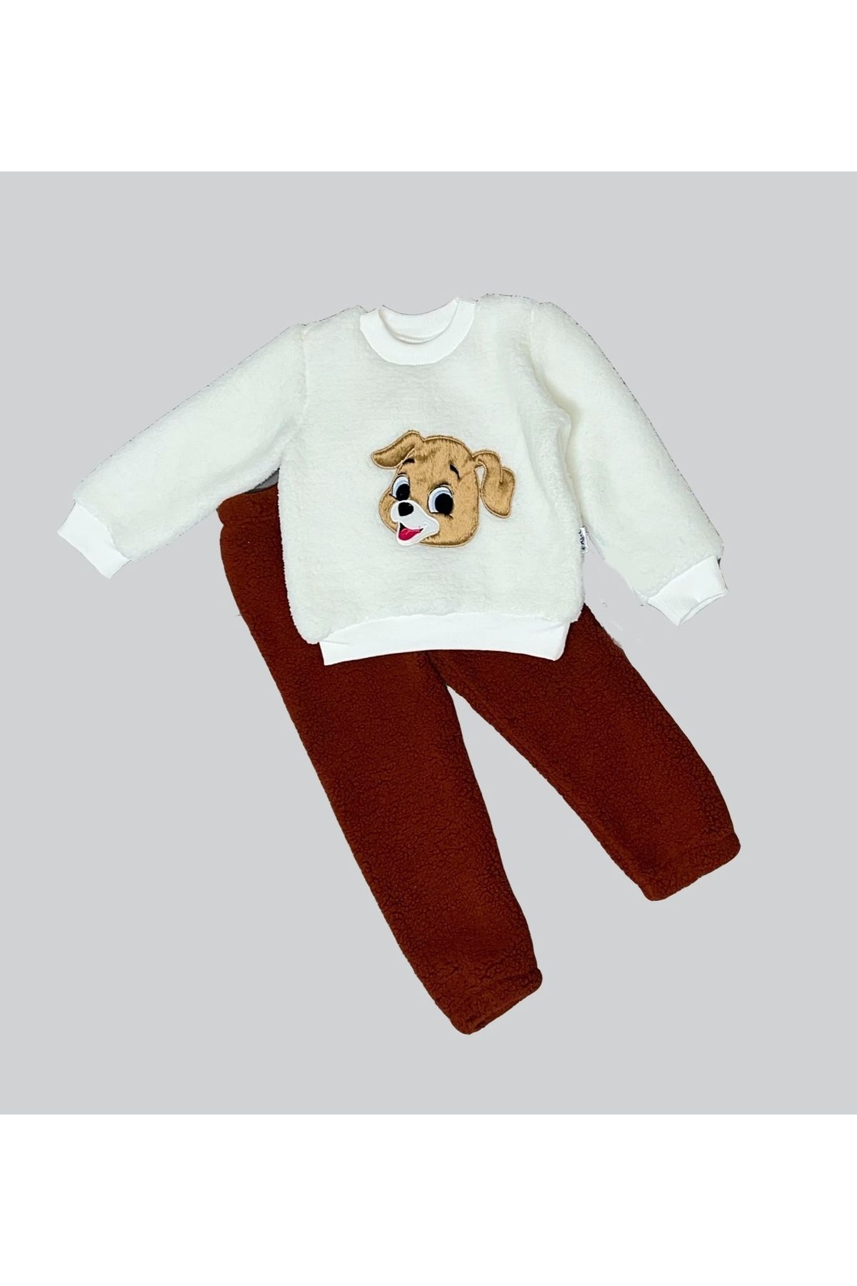Diji Baby 1-2-3 Yaş Mutlu Köpekcik Nakışlı Kuzu Kumaş Sweat Patili Pantolon Uzun Kollu Kız Erkek 2 Li Takımı