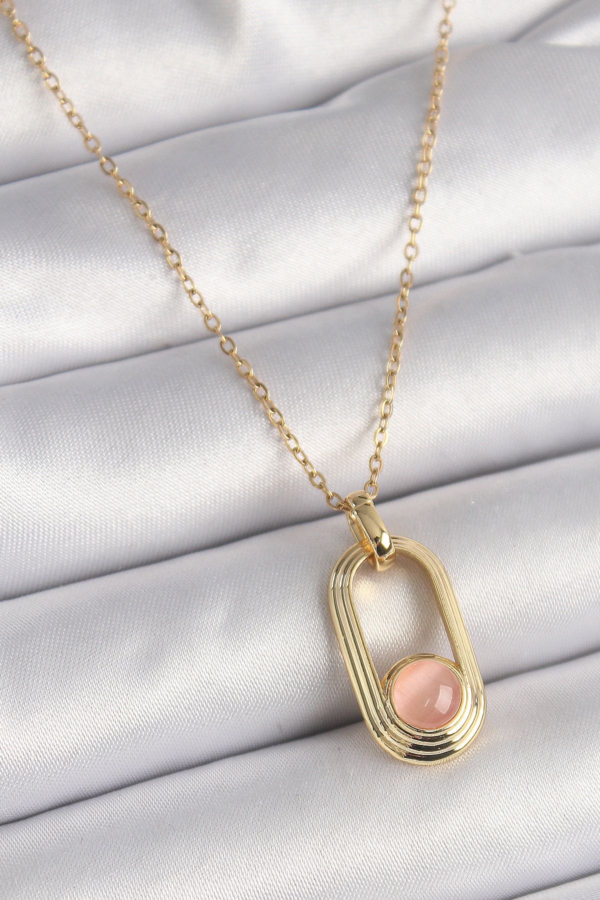 MMB Boutique 316L Çelik Gold Renk Pembe Kedi Göz Model Kadın Kolye