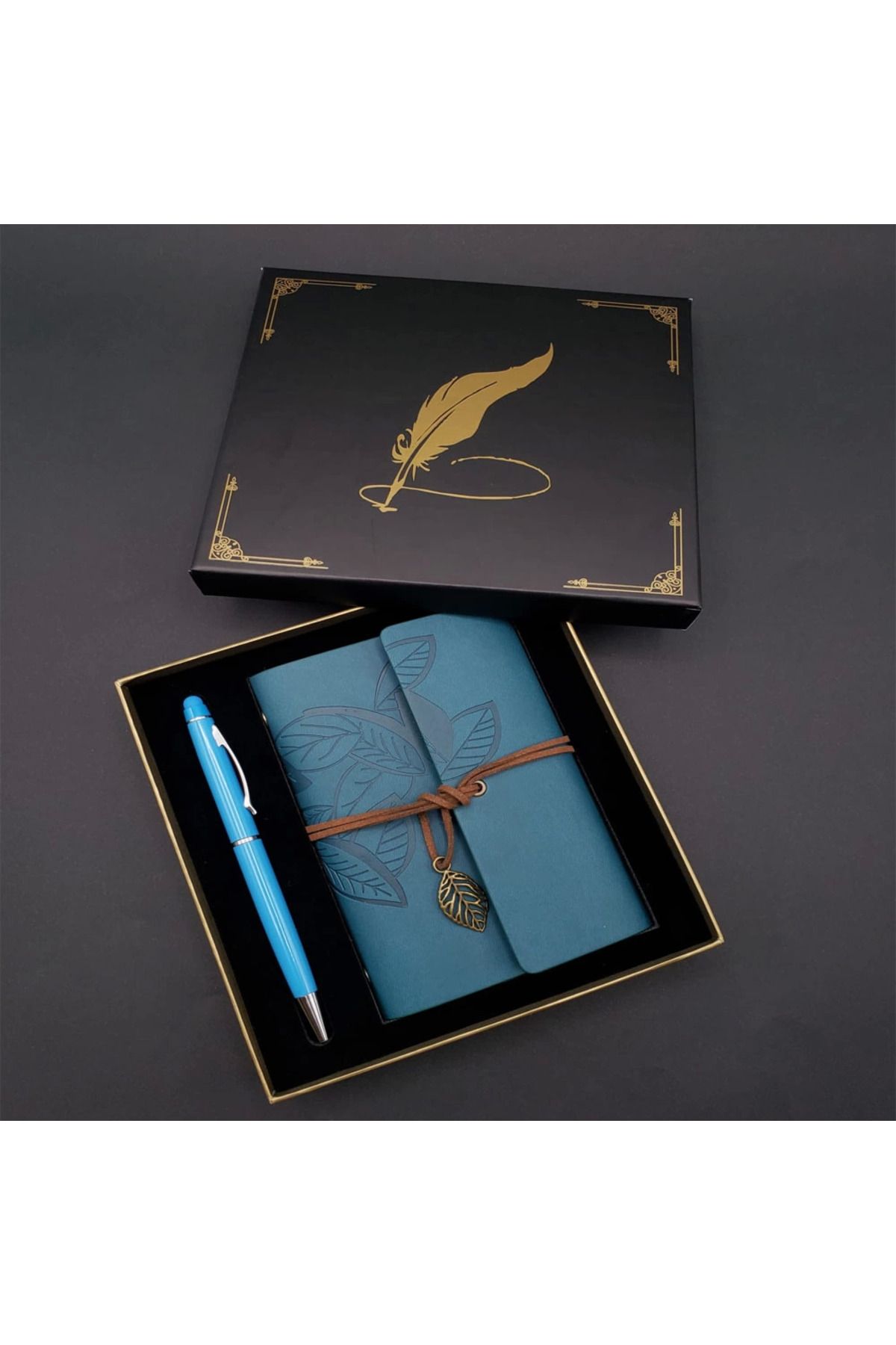 Evinso Metal Kalem Ve Mavi Deri Defter