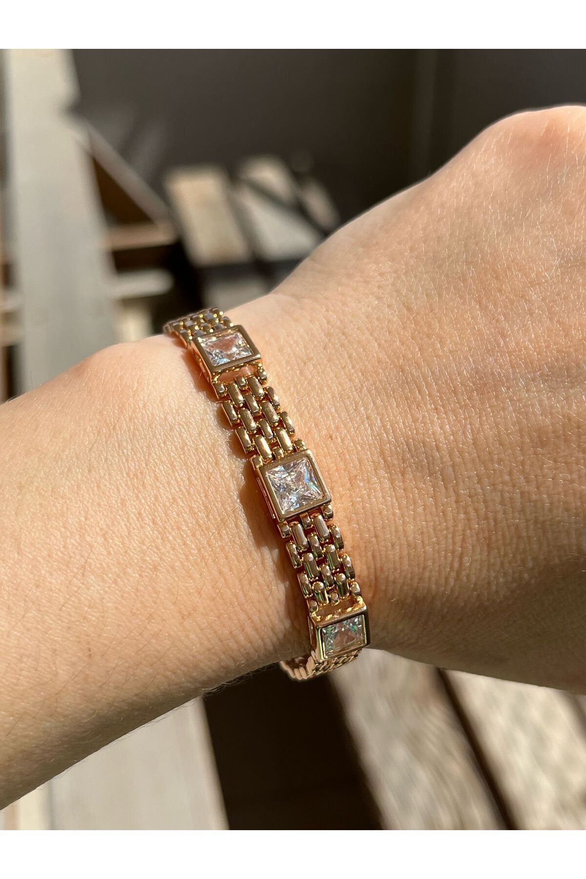 shesra Kare Zirkon Taşlı Gold Rose Renk Kaplama Çelik Bileklik