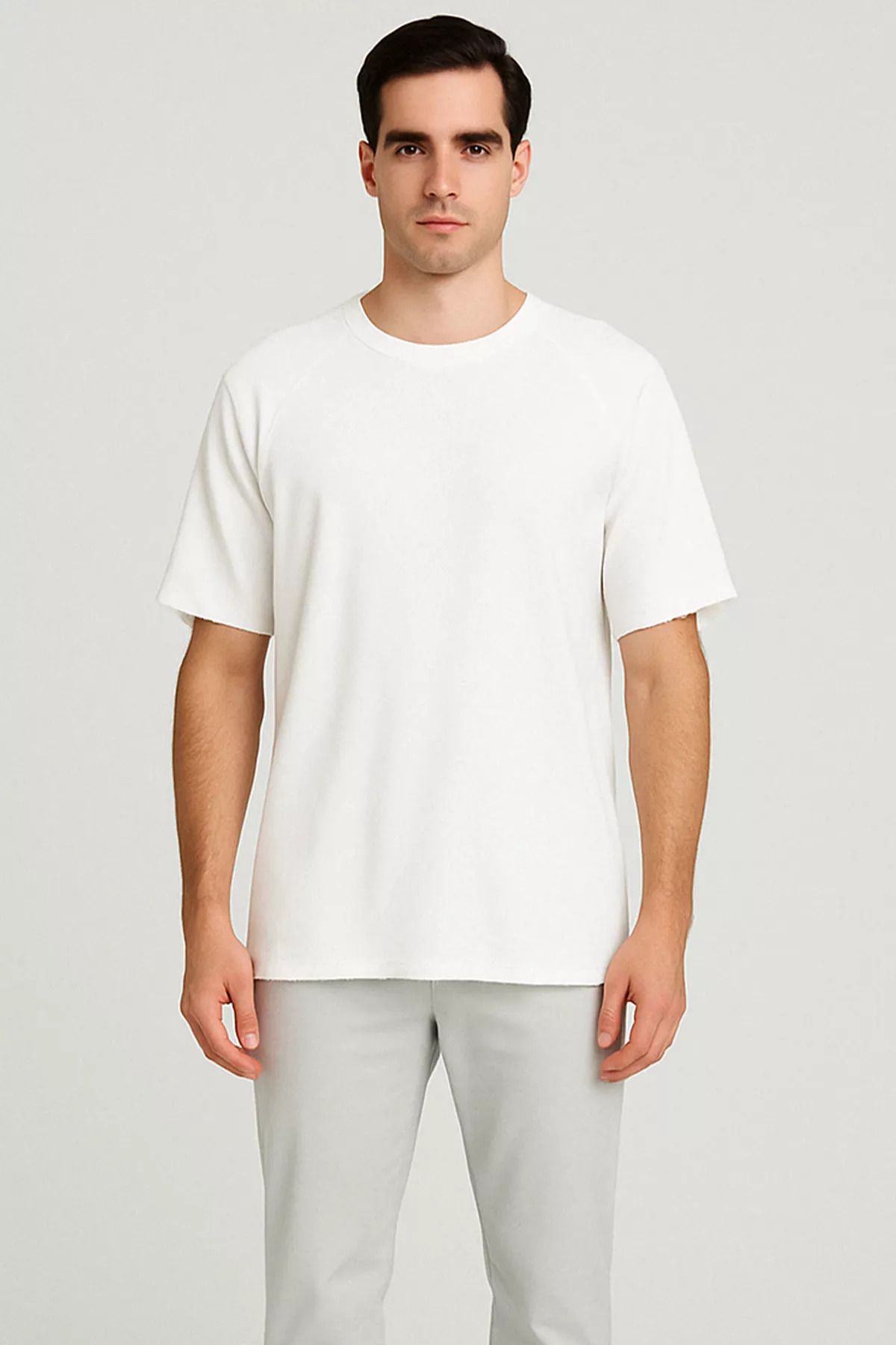 MİSHAR İTALİA Krem Bisiklet Yaka Erkek Oversize Basic Tişört