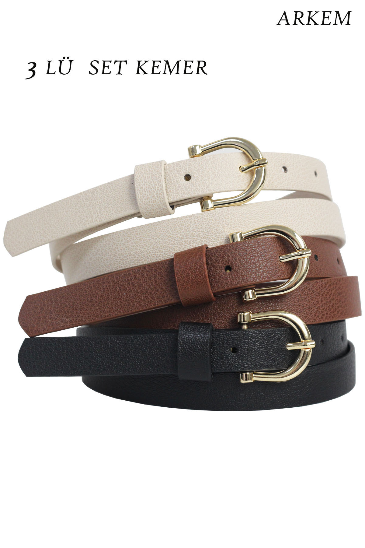 ARKEM CLUB  Kemer Klasik PU Kemer, Kot Pantolon, Elbiseler için Kemer Kadın Kemer 3 lü Set İnce Kemer - Görsel 4