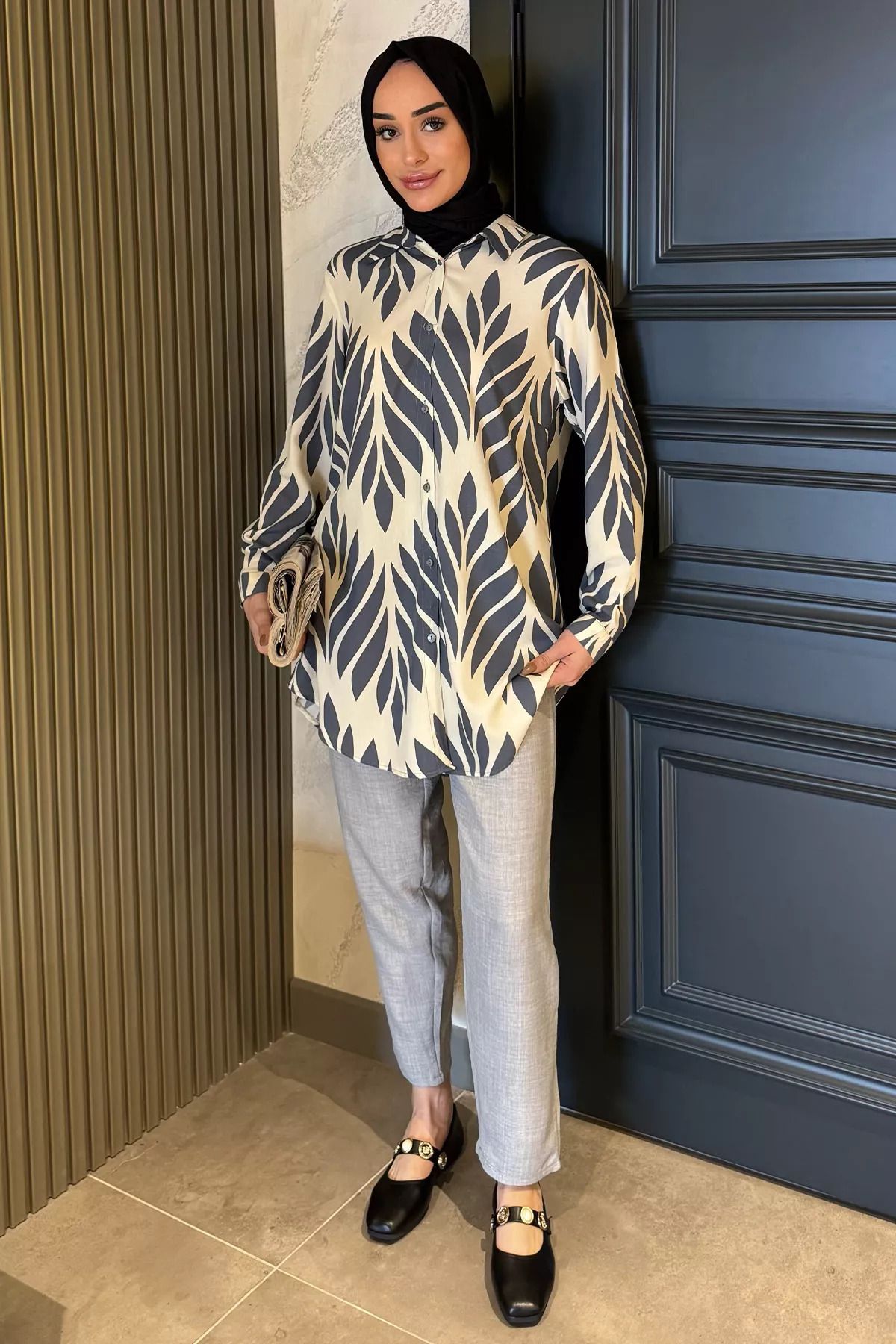 julude-Cream Gray Large Size Patterned Tunic Trousers Hijab Double Set 5