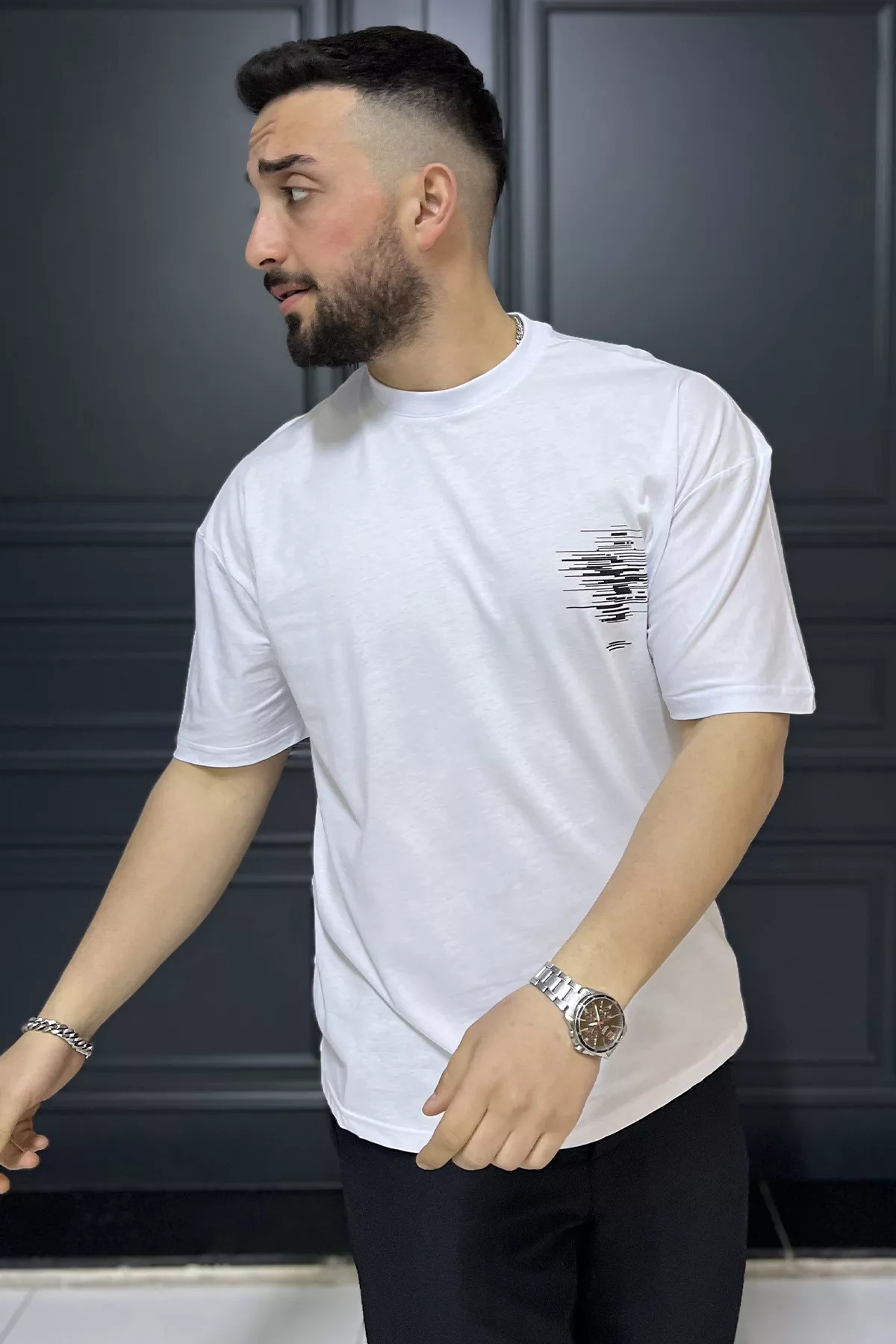 MİSHAR İTALİA-White Oversize Printed Crew Neck Men's T-Shirt 2