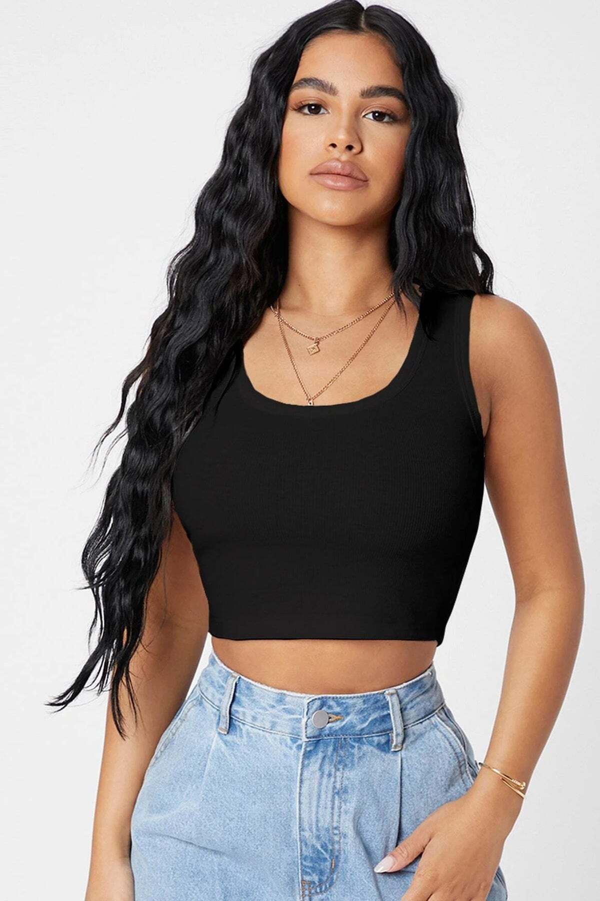 Ethab Ticaret Kadın Siyah Kare Yaka Crop Top Bluz