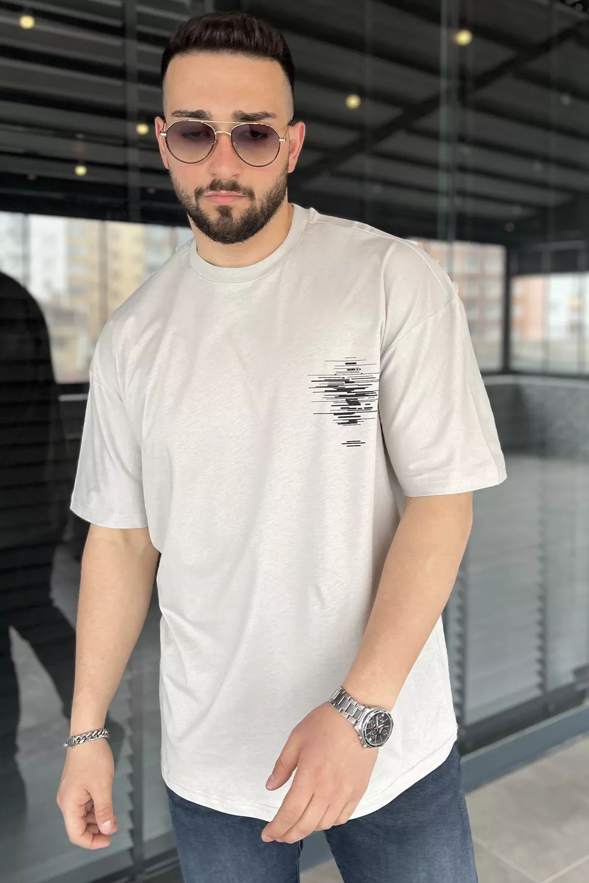 MİSHAR İTALİA Açıkgri Oversize Baskılı Bisiklet Yaka Erkek Tişört