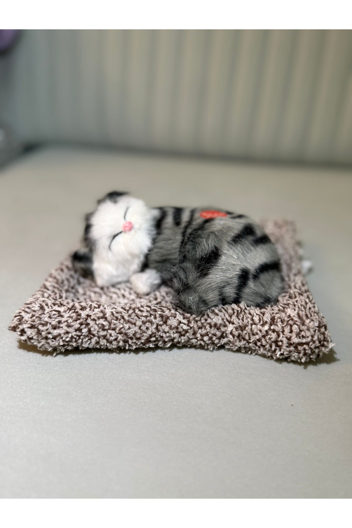 DF ToyShop UYUYAN YAVRU PELUŞ SESLİ GRİ KEDİ MİYAVLAYAN MİNDER ÜZERİNDE KEDİ