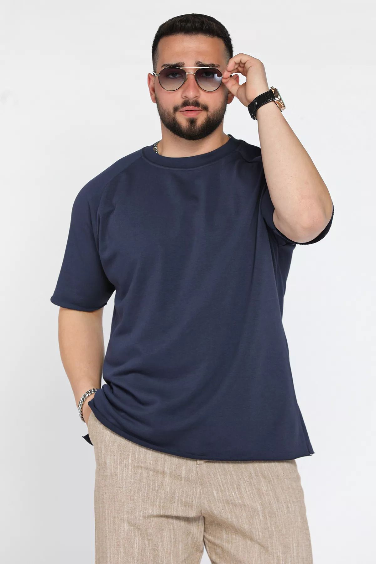 MİSHAR İTALİA Lacivert Bisiklet Yaka Erkek Oversize Basic Tişört